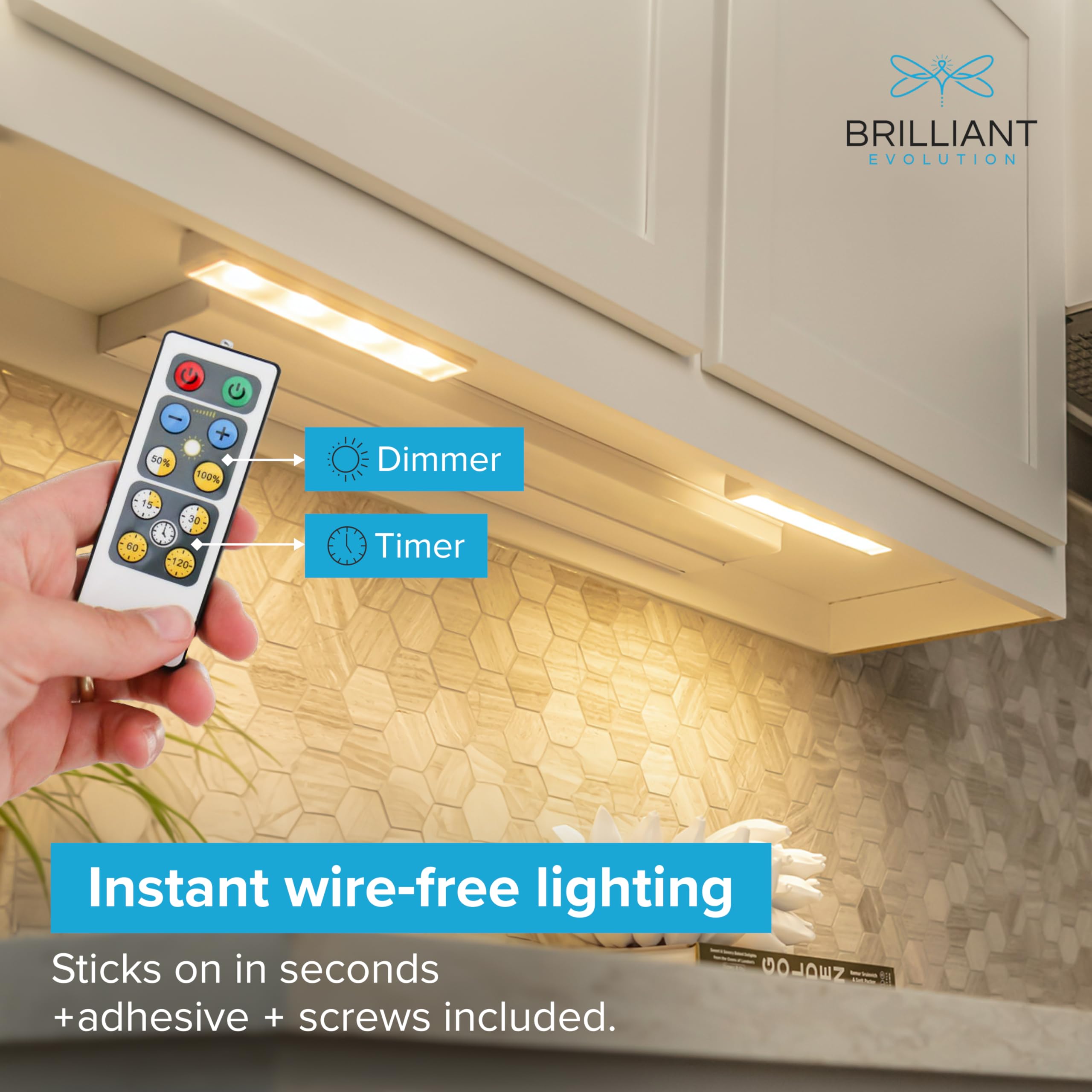 Brilliant Evolution Kabellose LED-Unterschrankleuchte, 6er-Pack mit 2 Fernbedienungen, batteriebetriebene Lichter, Küchenunterschrankbeleuchtung, Touch-Licht, aufklebbare Lichter, Push-Licht