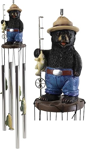 Ebros Gift Figura rústica de Hillbilly de pesca de campo occidental con caña y bajo, figura de corona, campanilla de viento resonante con peces