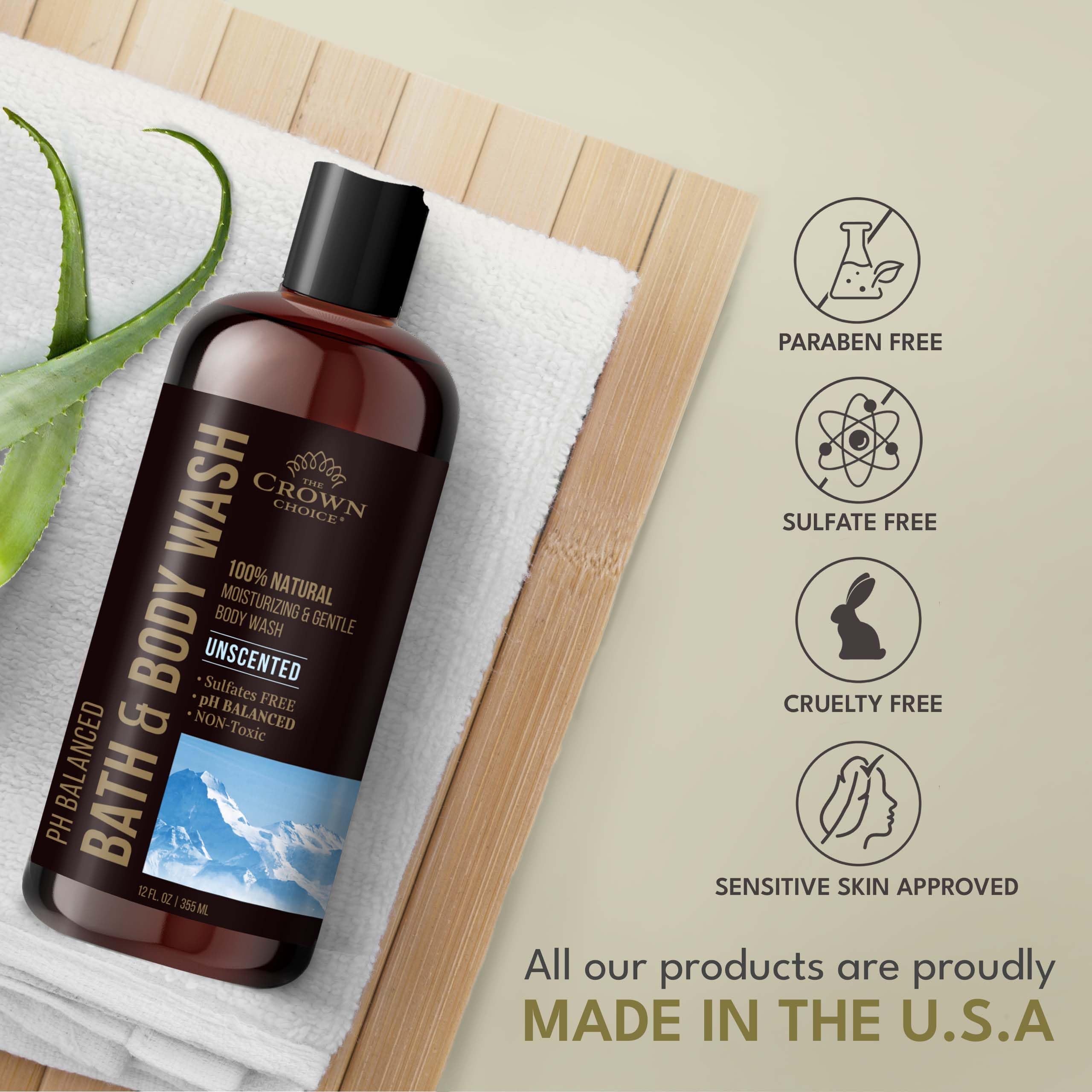 The Crown Choice - Bagnoschiuma naturale per donne, uomini e bambini - Bagnoschiuma senza profumo - 340 ml pH 5,5 - Miglior equilibrio del pH - Liq