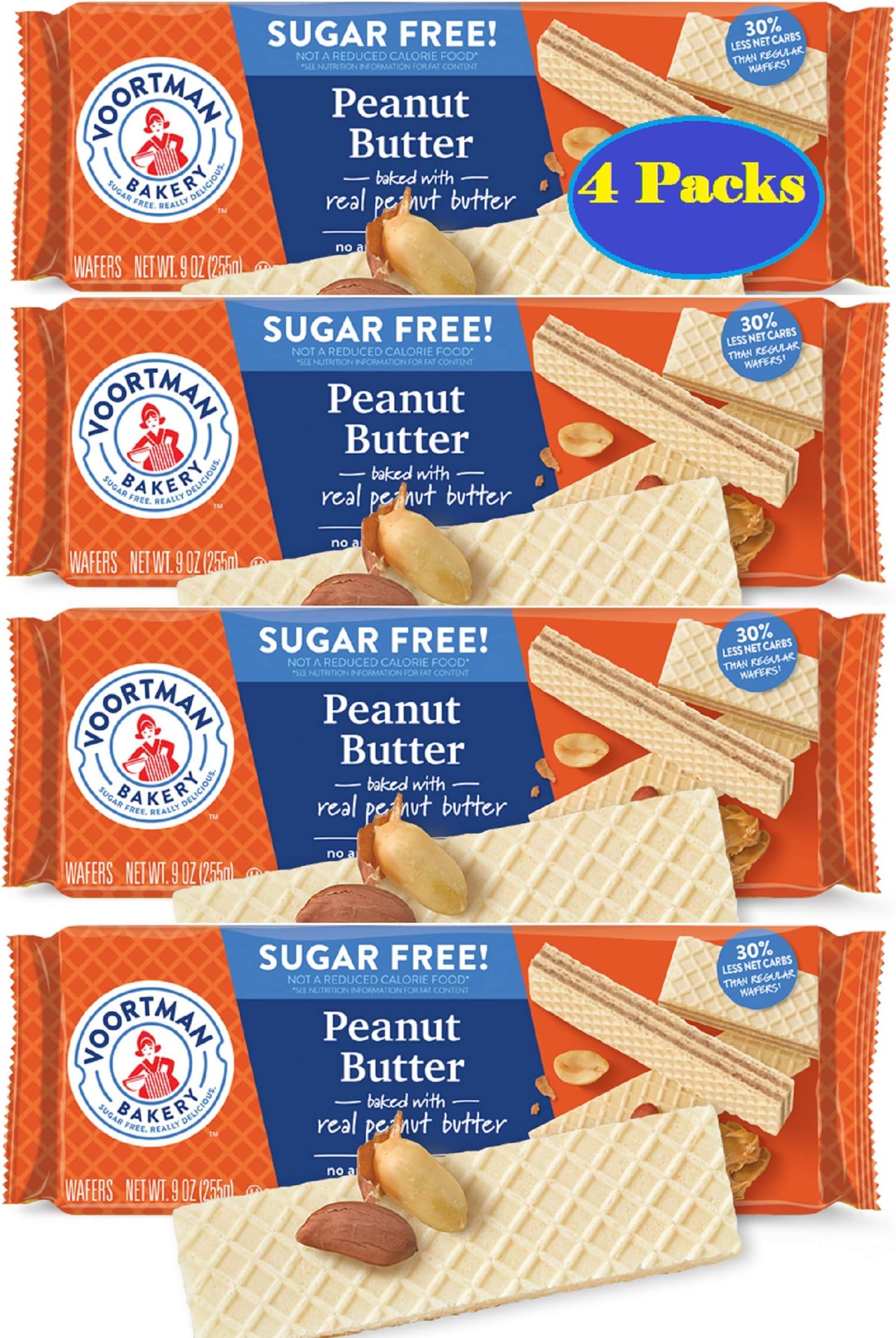Voortman Bakery Sugar Free Wafer Cookies, Pack of 4 (Sugar Free Peanut Butter)