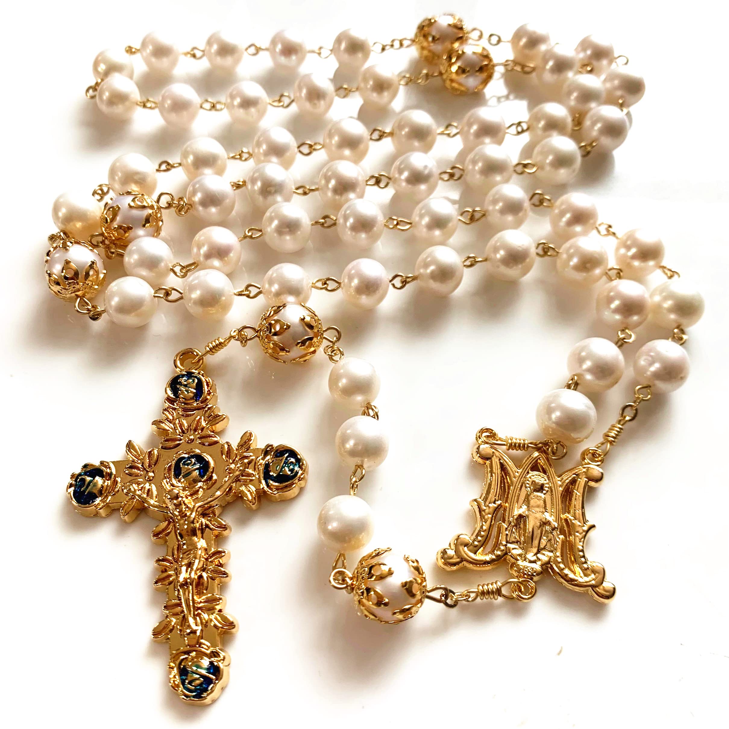 elegantmedical HANDMADE AAA+ 10MM White Real Pearl BEADS ROSE CATHOLIC ROSARY CROSS GIFT NECKLACE Supper BOX case