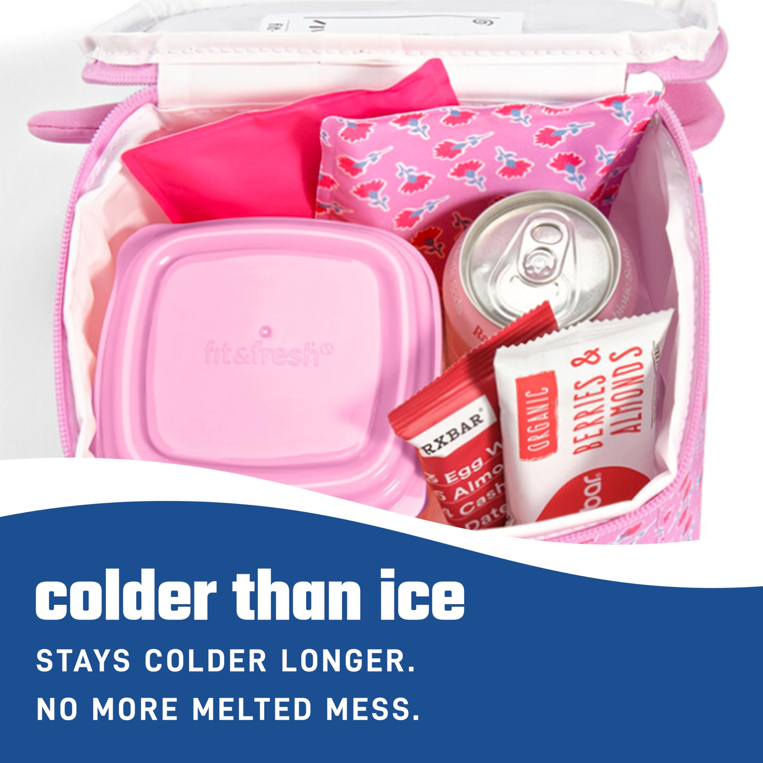 Fit & Fresh Cool Coolers Soft Ice für Lunch-Taschen, flexibles Stretch-Nylon, langlebig, wiederverwendbar, weiches Eis, wiederverwendbare Gefrierpackungen, Lunch-Eis, süßer rosa Blockdruck, 2 Stück