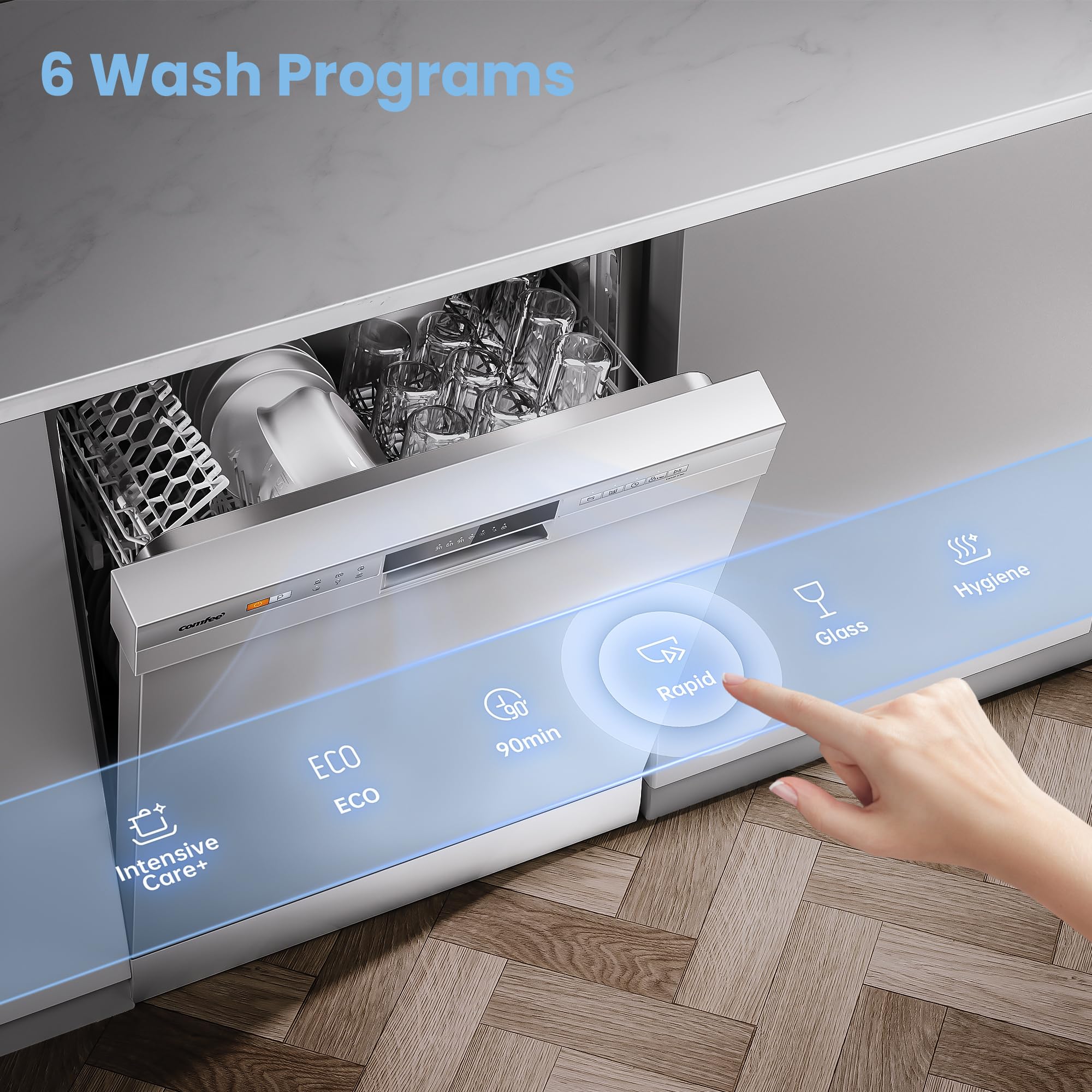 COMFEE' Dishwasher Freestanding with 13 Place Settings, New Upgraded Full Size Dishwasher 60cm Width, CDWPF1301PWD-UK, Auto Door Open Drying, Quick Wash, Hygiene Wash, Delay Start, Half Load -White — view 6
