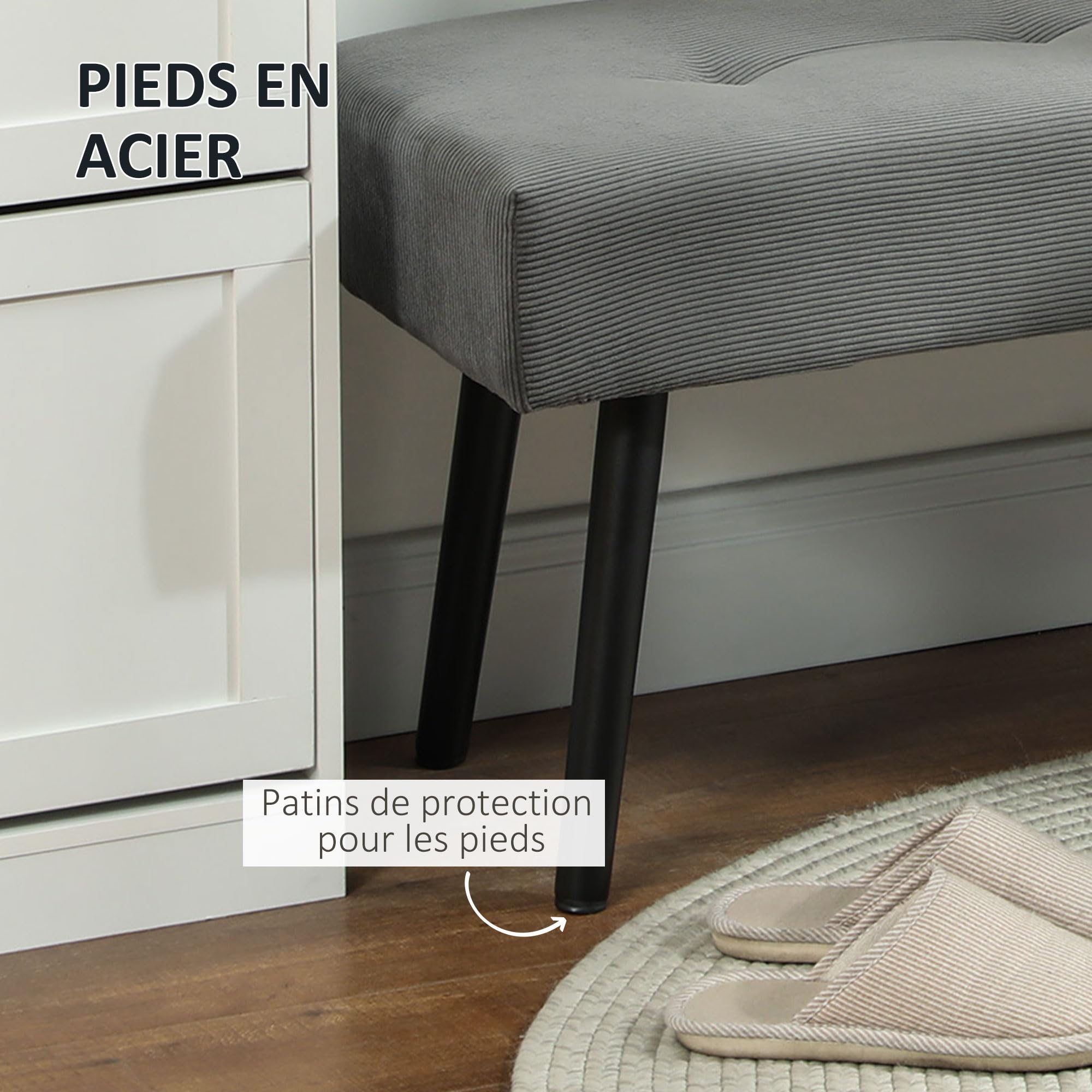 HOMCOM - Banco de banco moderno con punta de cama acolchada de pana y patas de acero negro, ideal para entrada, salón, dormitorio, carga 220 kg, 100 x 36 x 45 cm, color gris