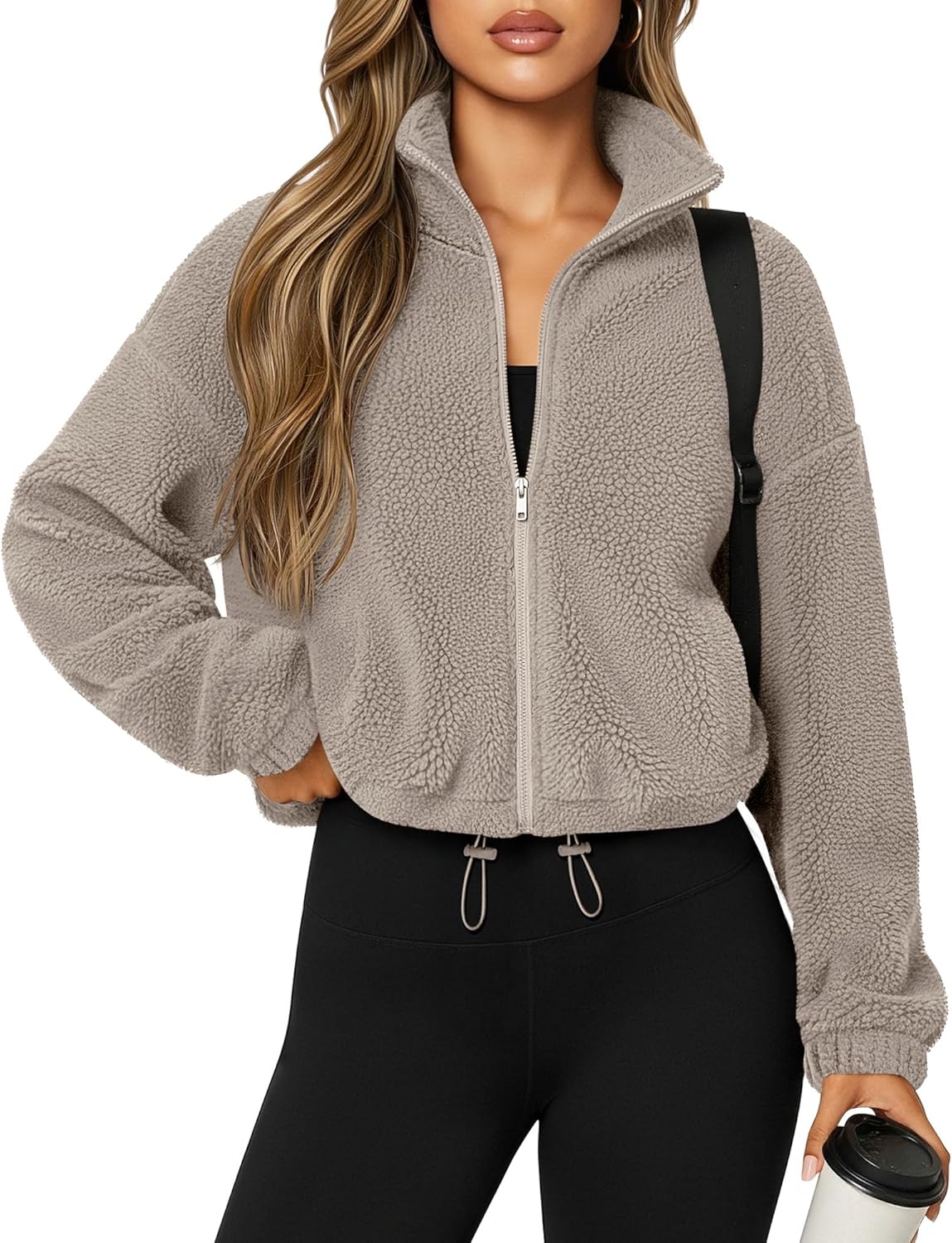 Riyiper Women's Fleece Jacket Cropped Zip Up Lightweight Sweatshirts Stand Collar Winter Sherpa Long Sleeve Coat 2025 Trendy(Khaki,XX-Large)