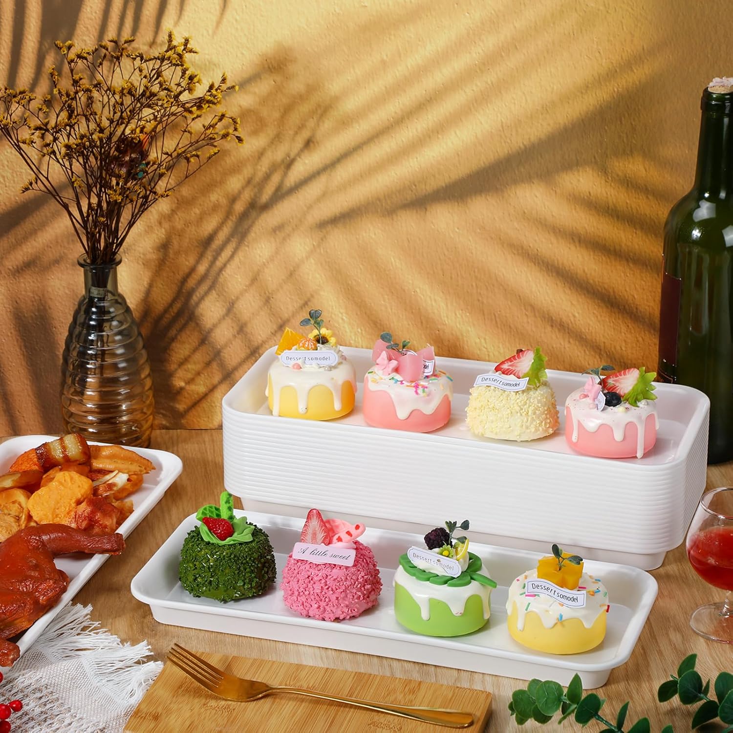 20 Pcs Serving Platters 14 x 6 Inch Rectangle Serving Trays Reusable Food Tray Dishes Dessert Trays Plastic Plates for Wedding Home Table Thanksgiving Christmas Party(White) - Image 3