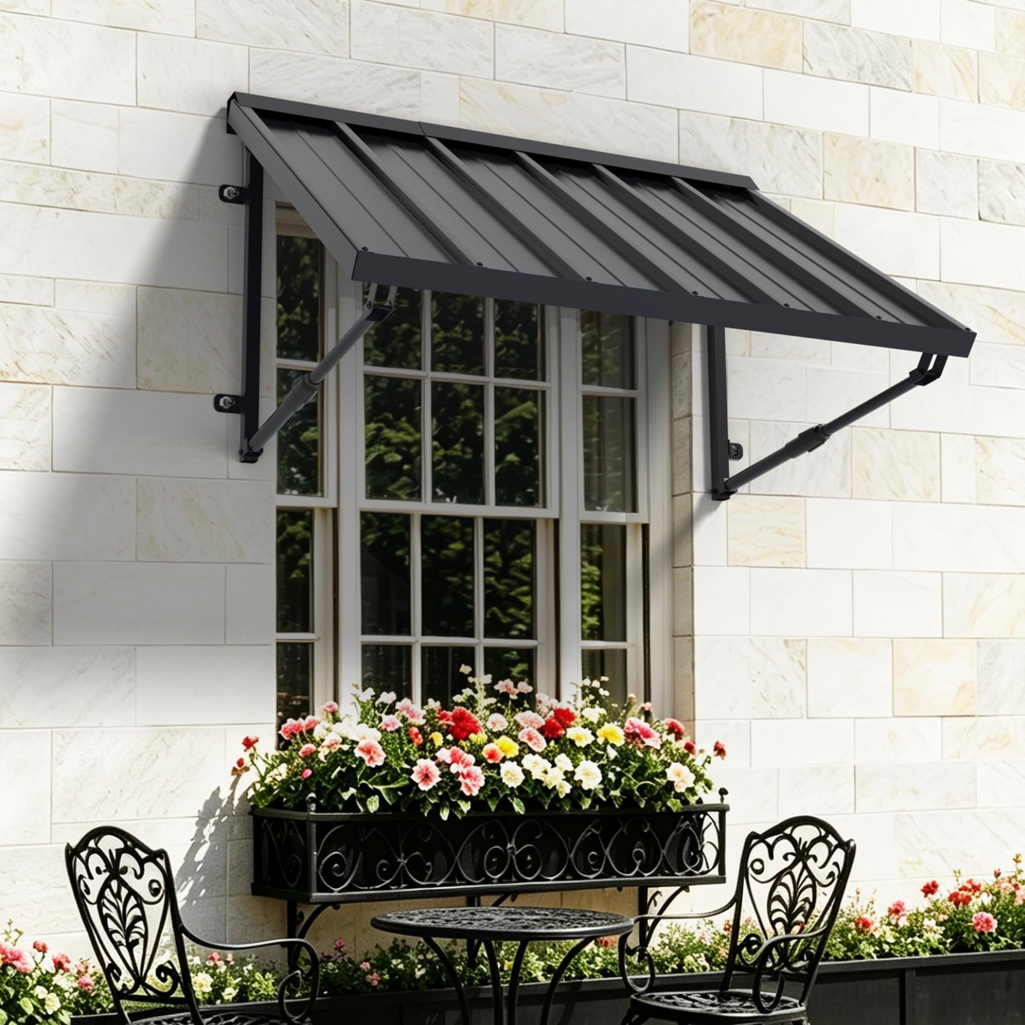 View 1 of 120" W × 32" Angle Adjustable Door Window Metal Awning for Outside