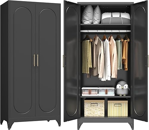 Miniatura 17 de Armario de metal con 2 puertas, armario de 71 pulgadas de alto con puertas, barra para colgar, cajones y estantes ajustables, armarios de