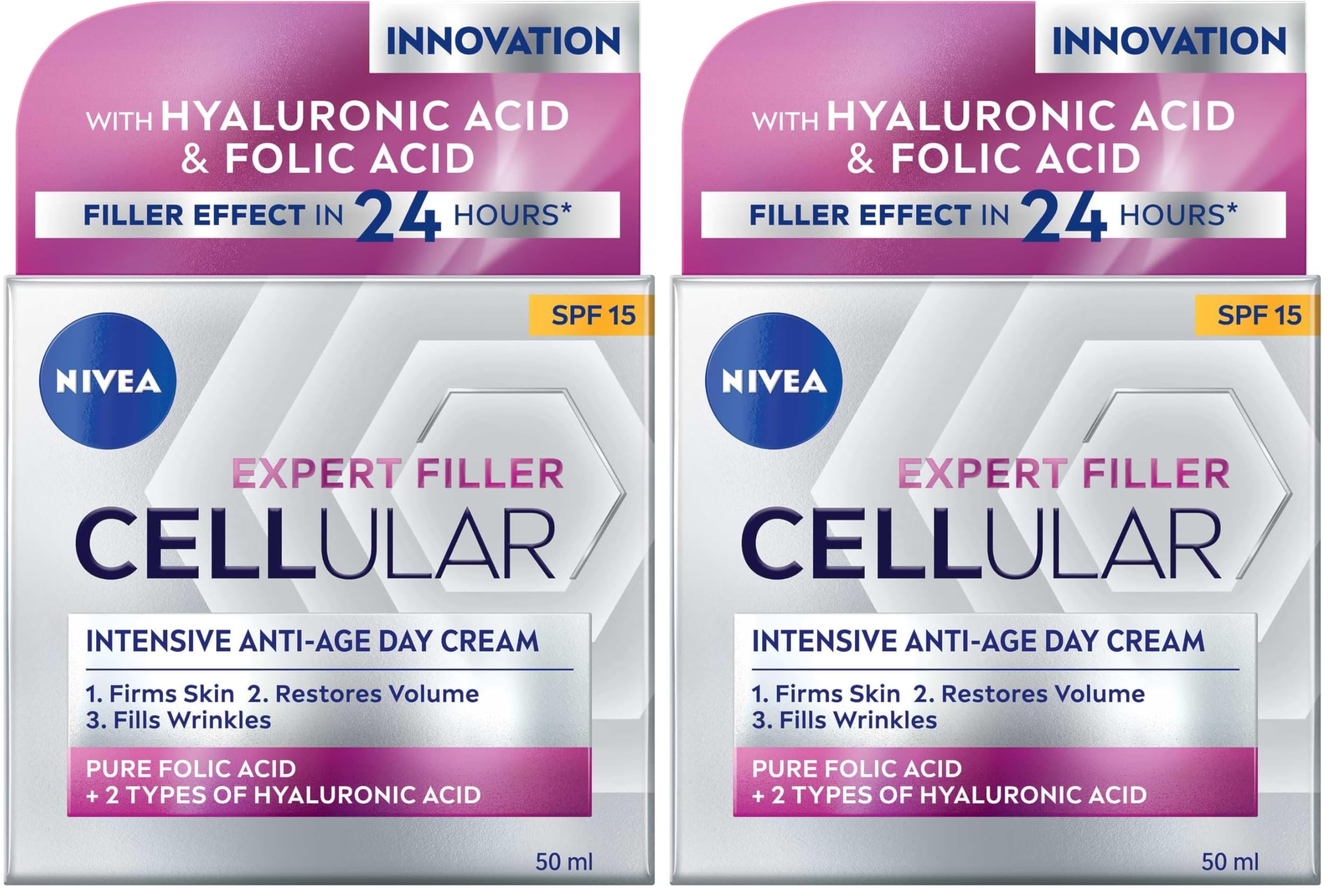 NIVEA Cellular Expert Filler Yoğun Yaşlanma Karşıtı Gündüz Bakım Yüz Kremi 50 ml, Hyaluronik Asit ve Folik Asit, SPF15 Güneş Koruması (2 paketi)