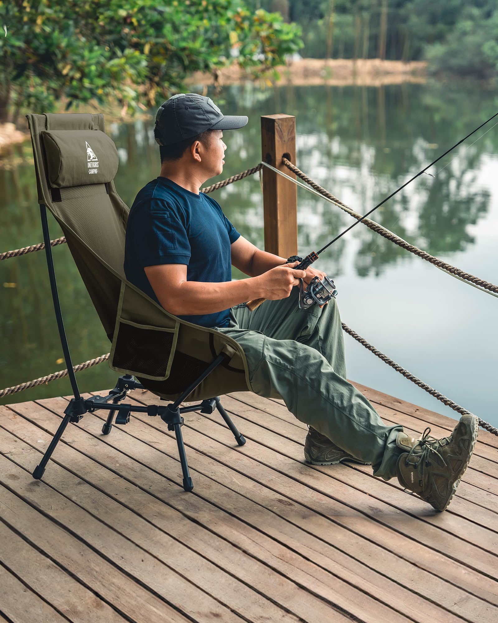 Chaise de camping OneTigris Dragonhide, chaise à dossier haut, chaise pliable, 150 kg, chaise de camping légère, chaise de pêche pliable avec 2 poches latérales, chaise pliante ultralégère pour