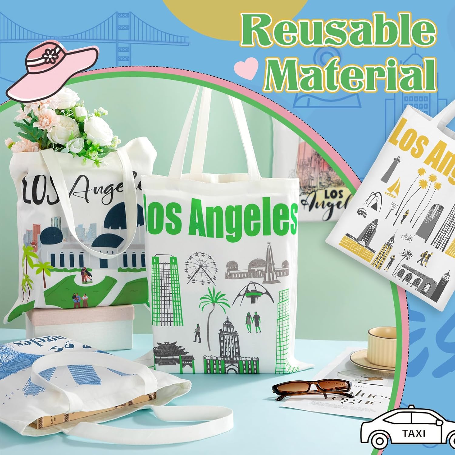 Talltalk 6 Pcs Los Angeles Canvas Tote Bag Watercolor Los Angeles City Souvenir Gift Souvenir Women Travel Gifts Grocery Shopping Bag Christmas Party Favors - Image 4