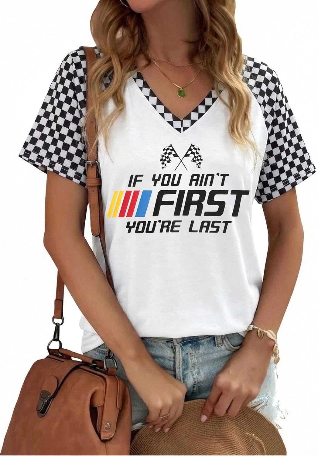 Racing Shirt for Women Vintage Checkered Flag Graphic Tshirt Race Day Car Shirts Casual Short Sleeve Tops