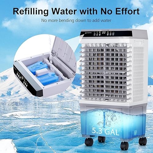 Miniatura 4 de KEGIAN Enfriador de aire evaporativo, enfriador de pantano con tanque de agua de 5.3 galones, control remoto, temporizador de 12 horas, 3 modos y