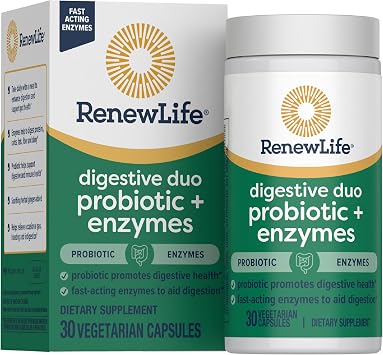Renew Life Digestive Duo Probiotic and Enzymes Vegetarian Capsules, Probiotic Promotes Digestive Health, Fast-Acting Enzymes Aid Digestion, With Soothing Herbs - 30 Count