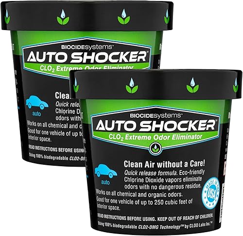 Biocide Systems Auto Shocker - Eliminador de olores fuerte para automóvil, eliminador de olores ClO2 ecológico para olores duros en interiores de
