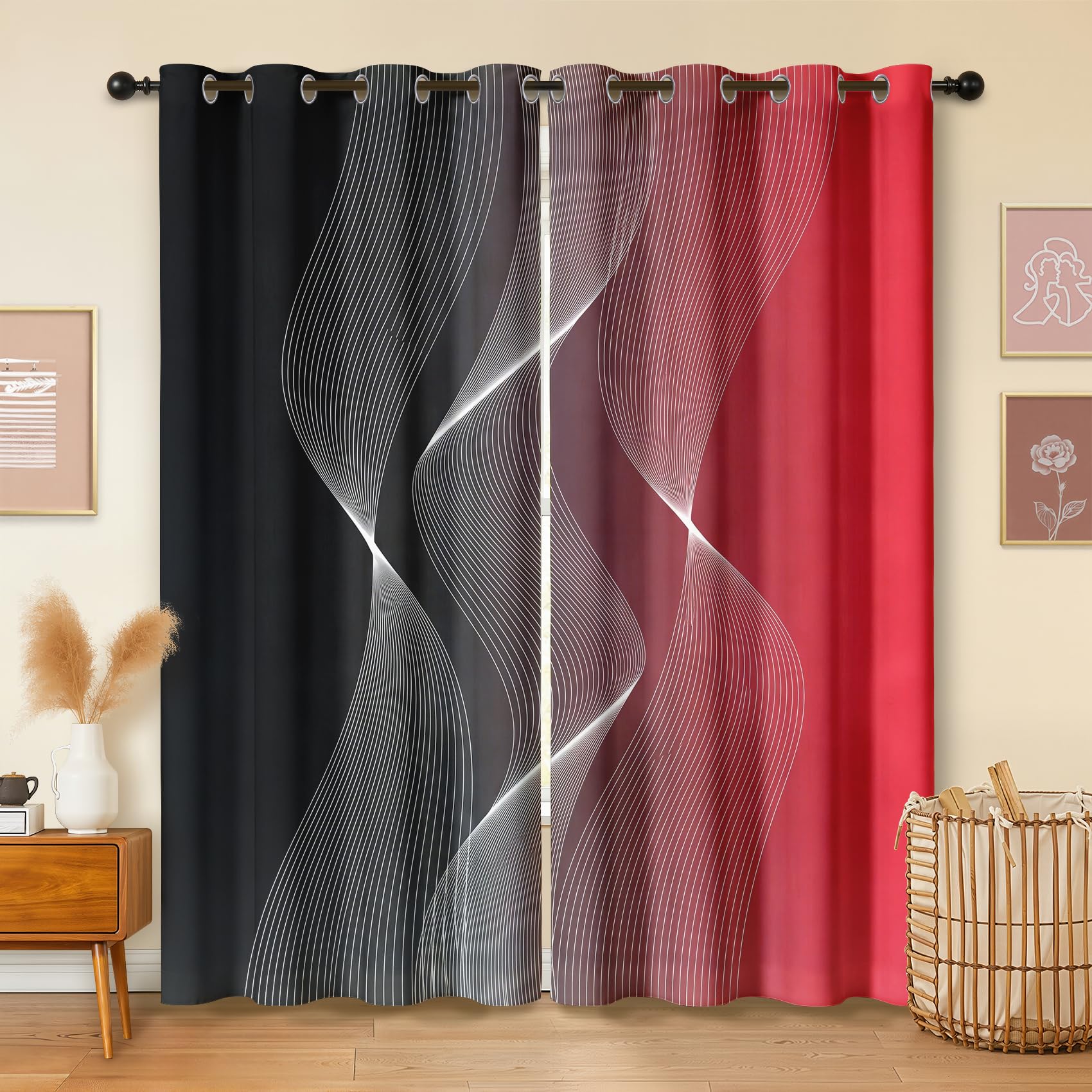 Havenix Red and Black Ombre Blackout Curtains for Bedroom Living Room, 72 inch Drop Curtains 66x72, Thermal Insulated Eyelet Drapes for Windows, Modern Wave Patterned Window Treatments, 2 Panels