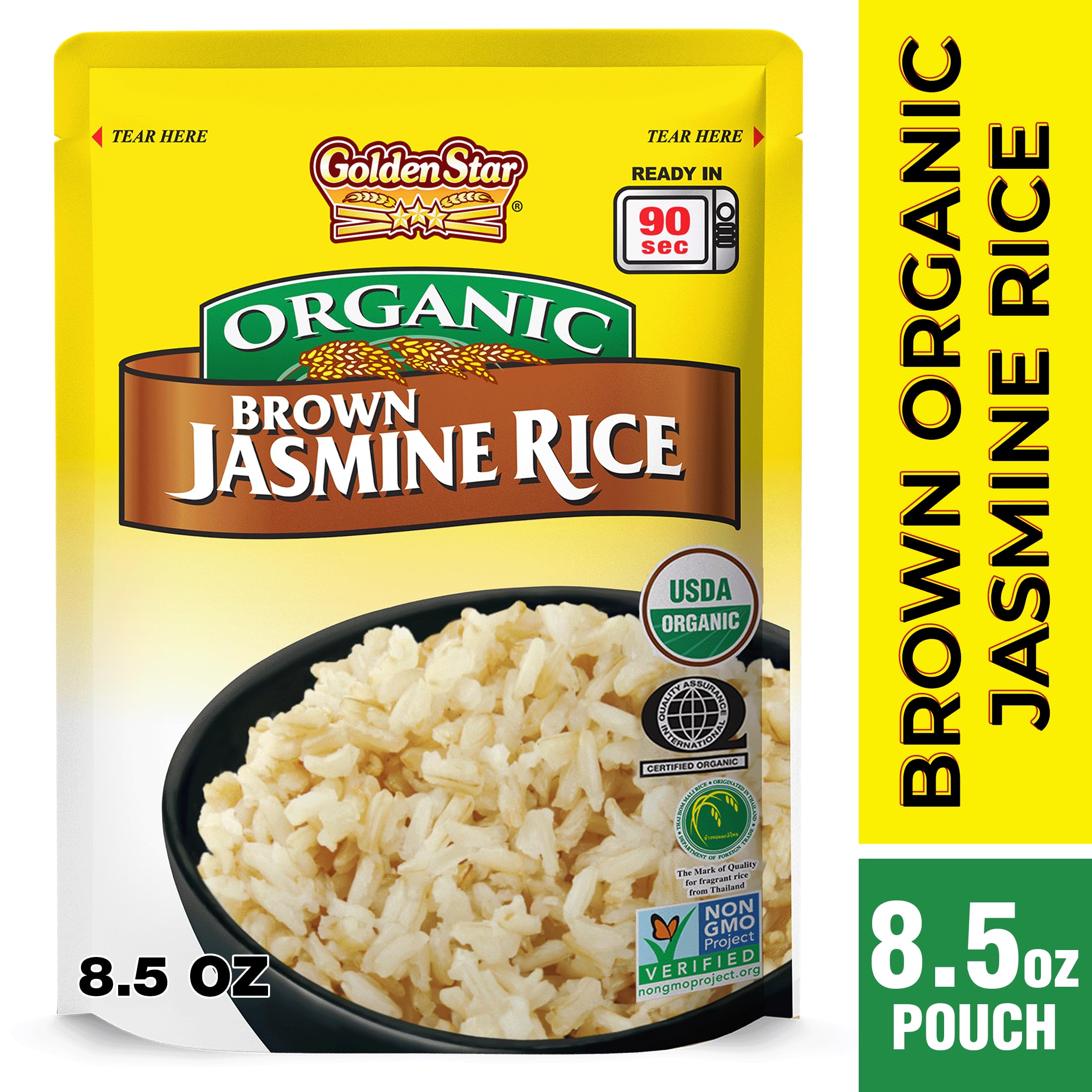 Golden Star Organic Thai Hom Mali Brown Jasmine Rice - Microwaveable Rice - (6 Pack) 8.5 oz Pouch