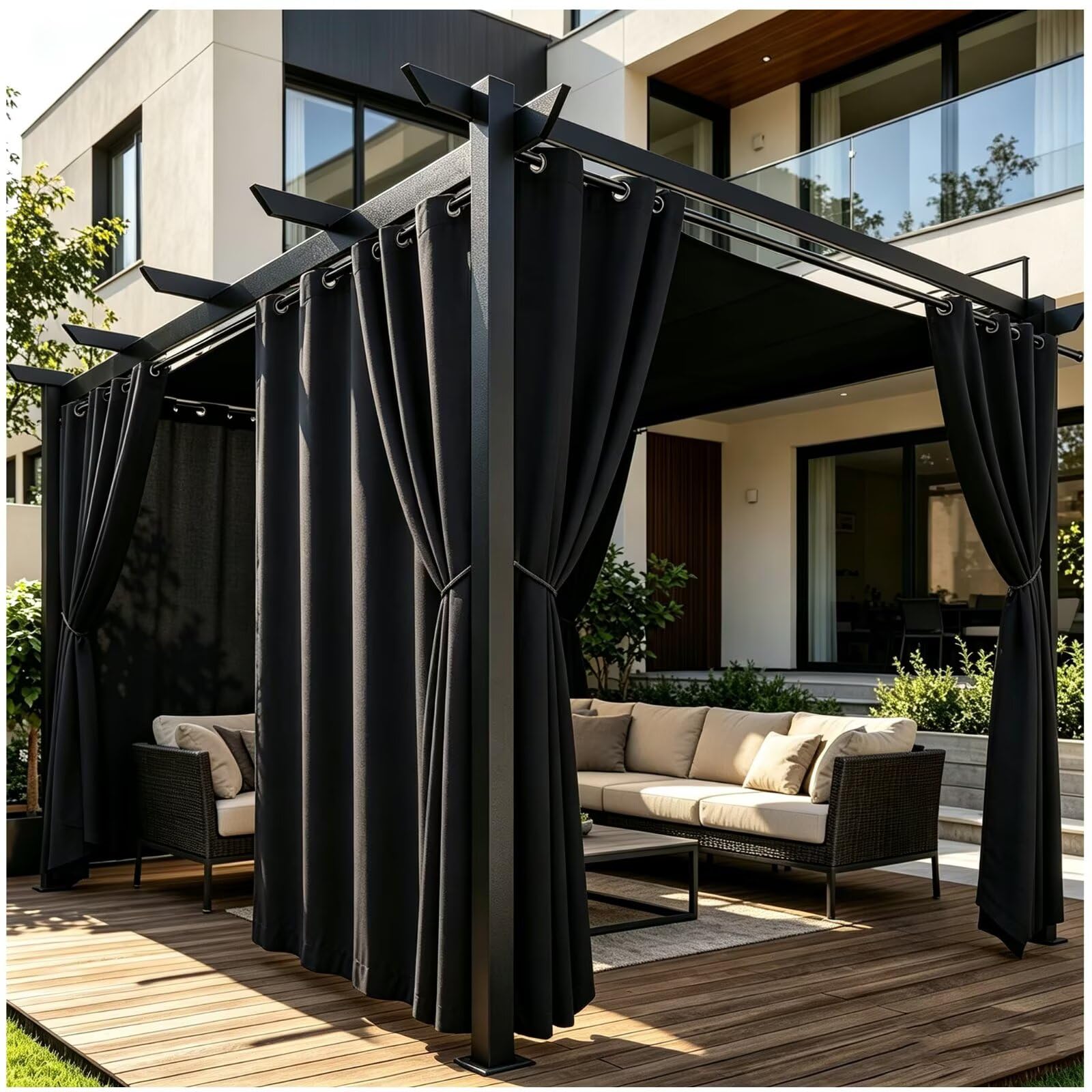 Pavillon Vorhänge Outdoor Sichtschutz mit Ösen H259 x B254cm Schwarz | Wetterfester Vorhang für Garten, Balkon und Terrasse mit langlebigem Oxford Gewebe
