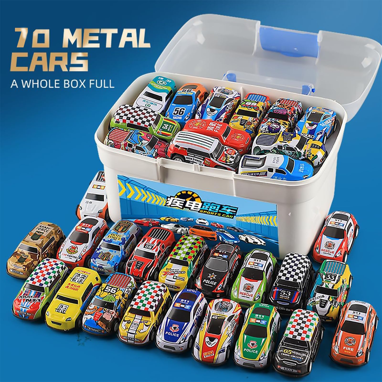 SZJYMY 70 Pcs Die-cast Metal Mini Pull Back Cars Set including Storage Case Fun loose racing toys Teacher Treasure Prize Box Party Favors - Image 3