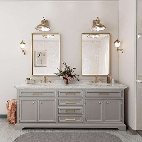 Miniatura 7 de TETOTE Espejo de baño dorado cepillado de 24 x 36 pulgadas, espejo rectangular de metal dorado con marco de tocador de baño, moderno espejo de pared