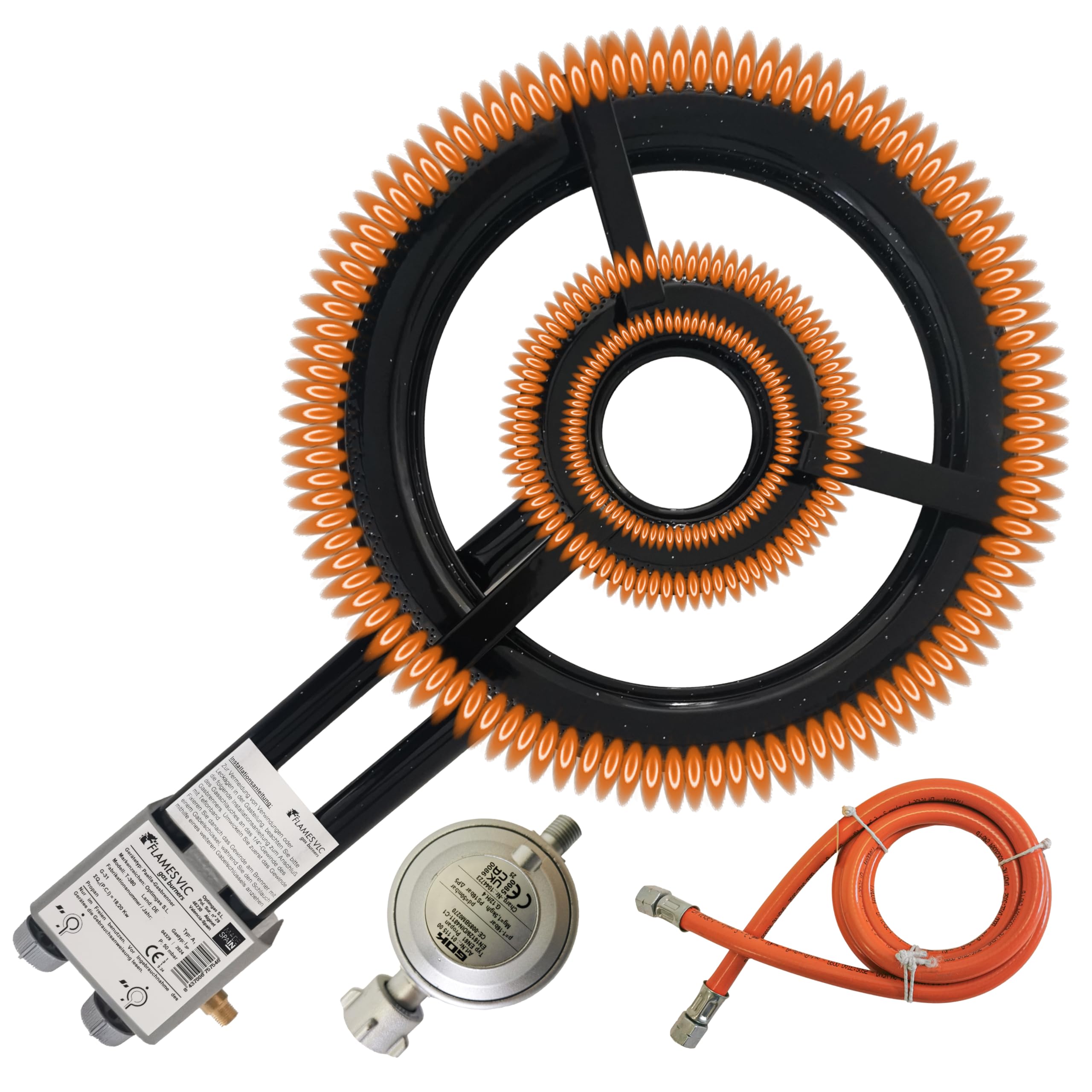 38cm Outdoor-Gasbrenner 17,5 kW für Grill und Paella-Pfannen mit Druckregler 50 mbar und 1,5 m Gasschlauch - Doppel-Flammenringe, niedriger Gasverbrauch von Optimgas