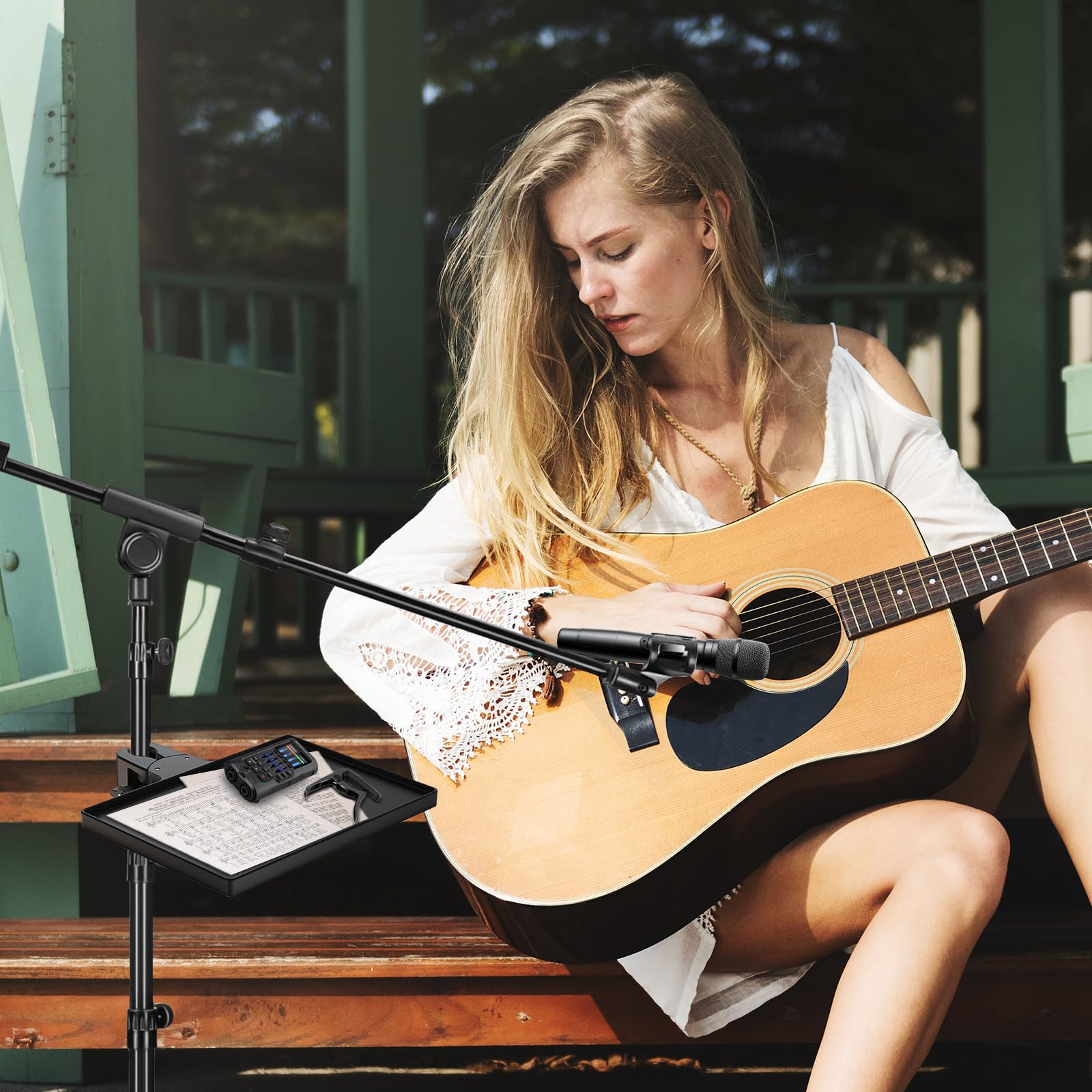 BILIONE Microphone Stand Tray with Crab Clamp, 10.6" x 7.8" Large Tray Shelf Attachment Clamp on Studio Music Floor Stands for Storage