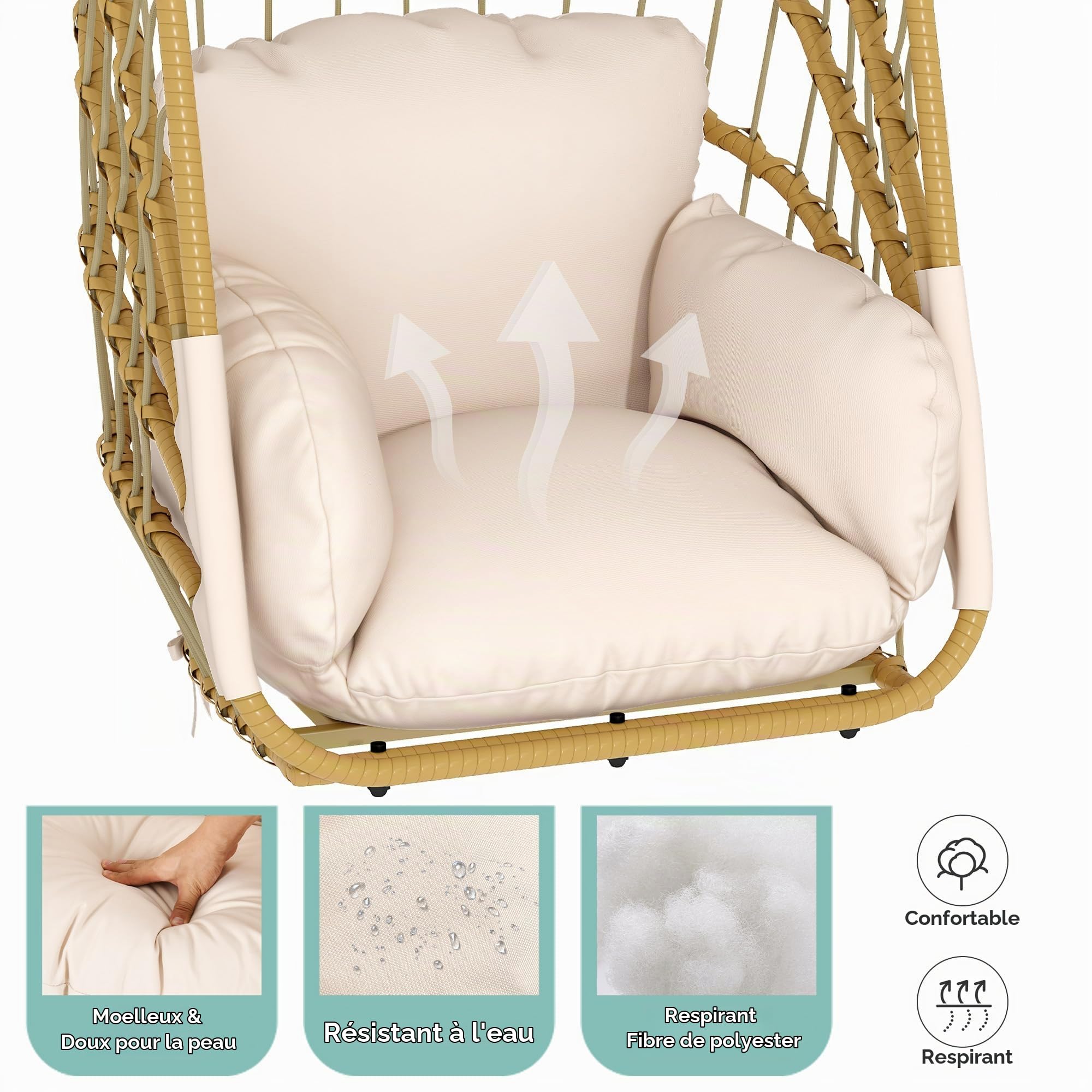 YITAHOME Fauteuil Suspendu, sans Cadre, en rotin, avec Coussin Lavable, capacité de Charge de 160 kg, Pliable, pour terrasse, Jardin, Chambre et Balcon, Beige