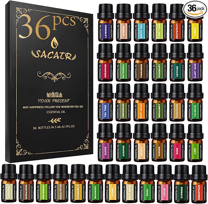 SACATR Essential Oils Set - Perfect for Massage,Diffuser, Humidifier, DIY Candle and Soap Making(36x5 ML)