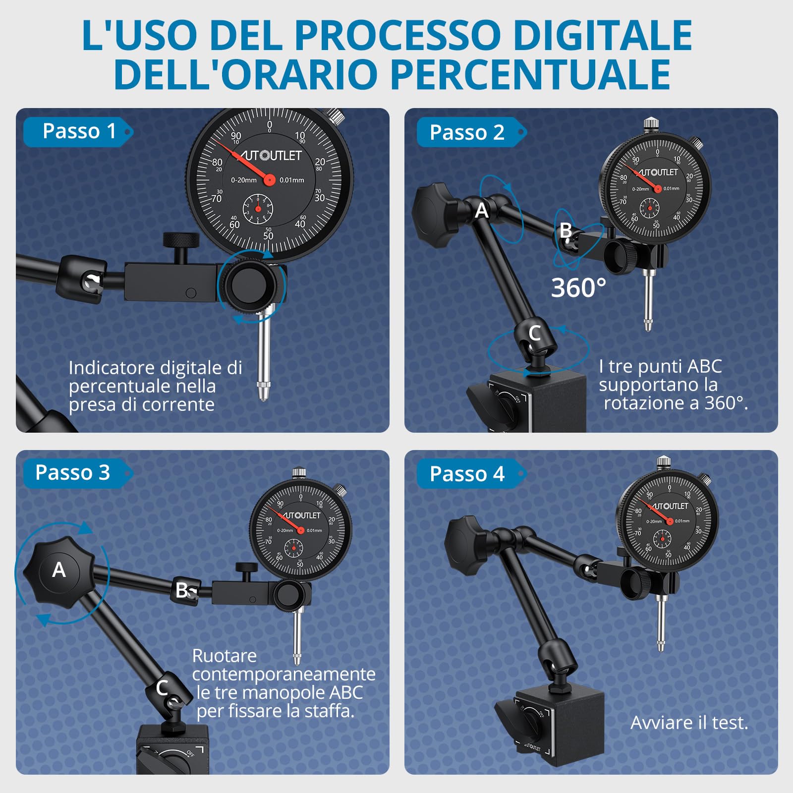AUTOUTLET Set Comparatore Meccanico con Base Magnetica,Trazione Massima 132 Libbre/60 KG,Campo di Misura 0-20 mm,Supporto Universale del Comparatore,Interruttore ON/OFF