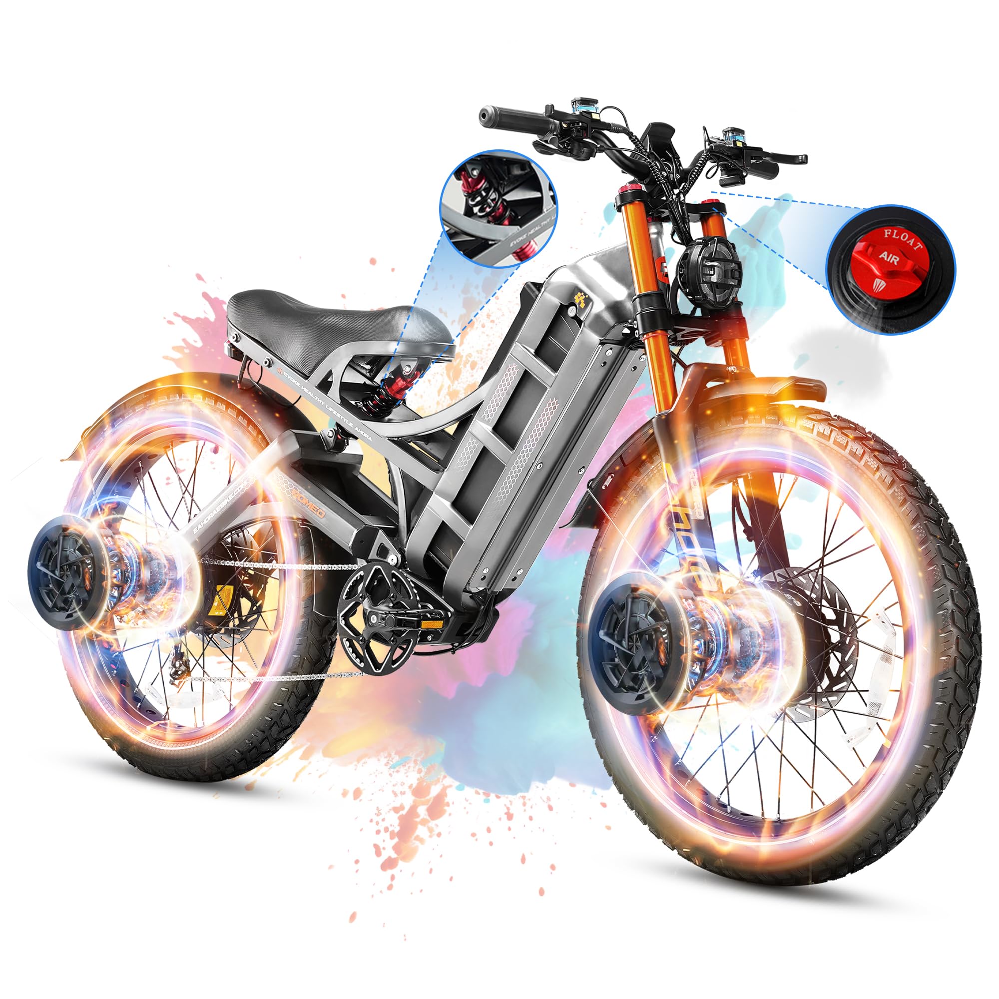 2025 Launch Romeo Pro 3/Pro 2 5600W/4000W 50Mph/46Mph Dual Motor Electric Bike for Adults 60V/52V/48V 80Ah/70Ah/60Ah 200+Miles Long Range Ebike 26 * 4.0" Fat Tire Electric Mountain Bike