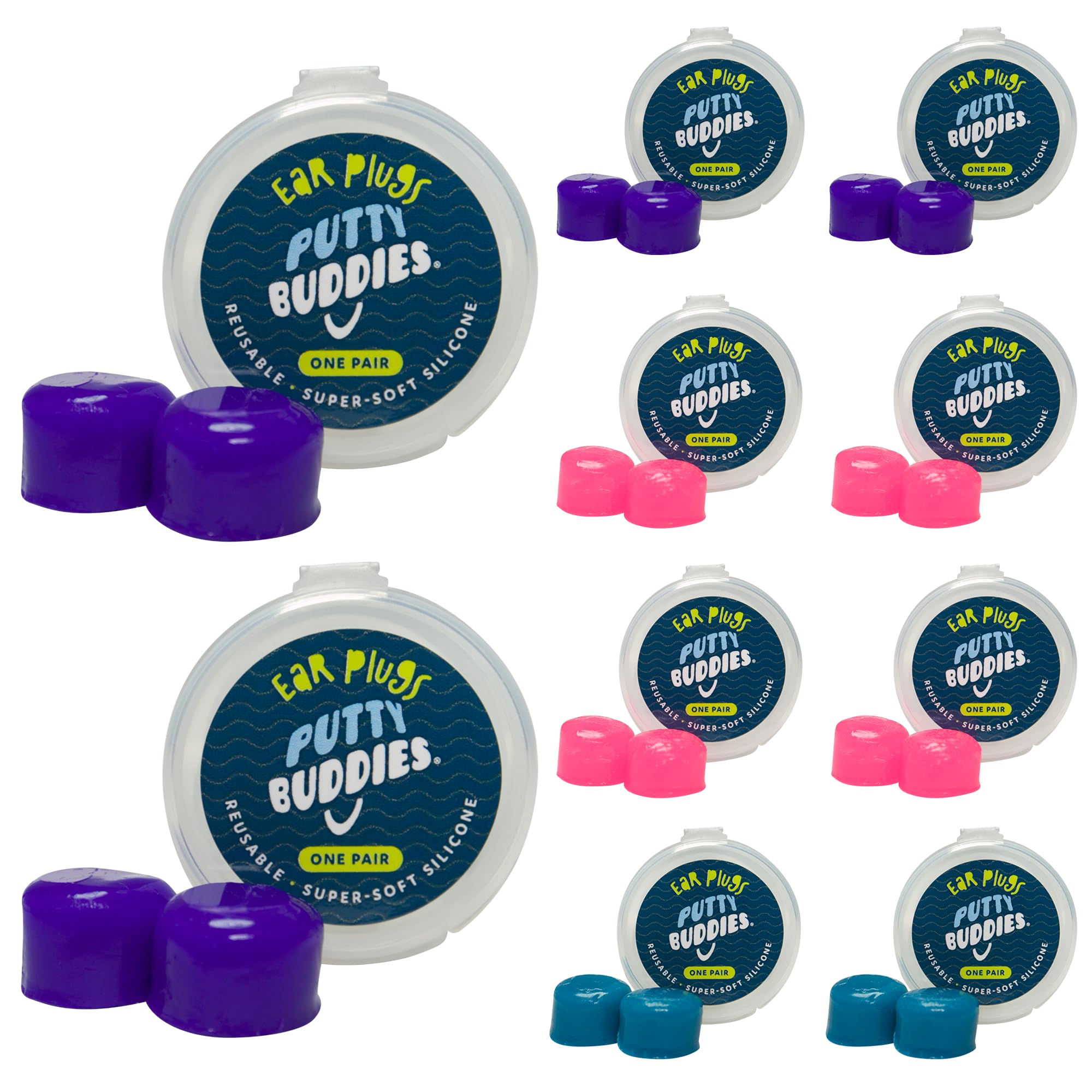 Earvolution Original Putty Buddies Ear Plugs for Swimming - Invented by an Ear Physician - Moldable Premium Silicone Ear Plugs - One Size - Waterproof - Made in the USA - 10 pack - Purple/Teal/Magenta