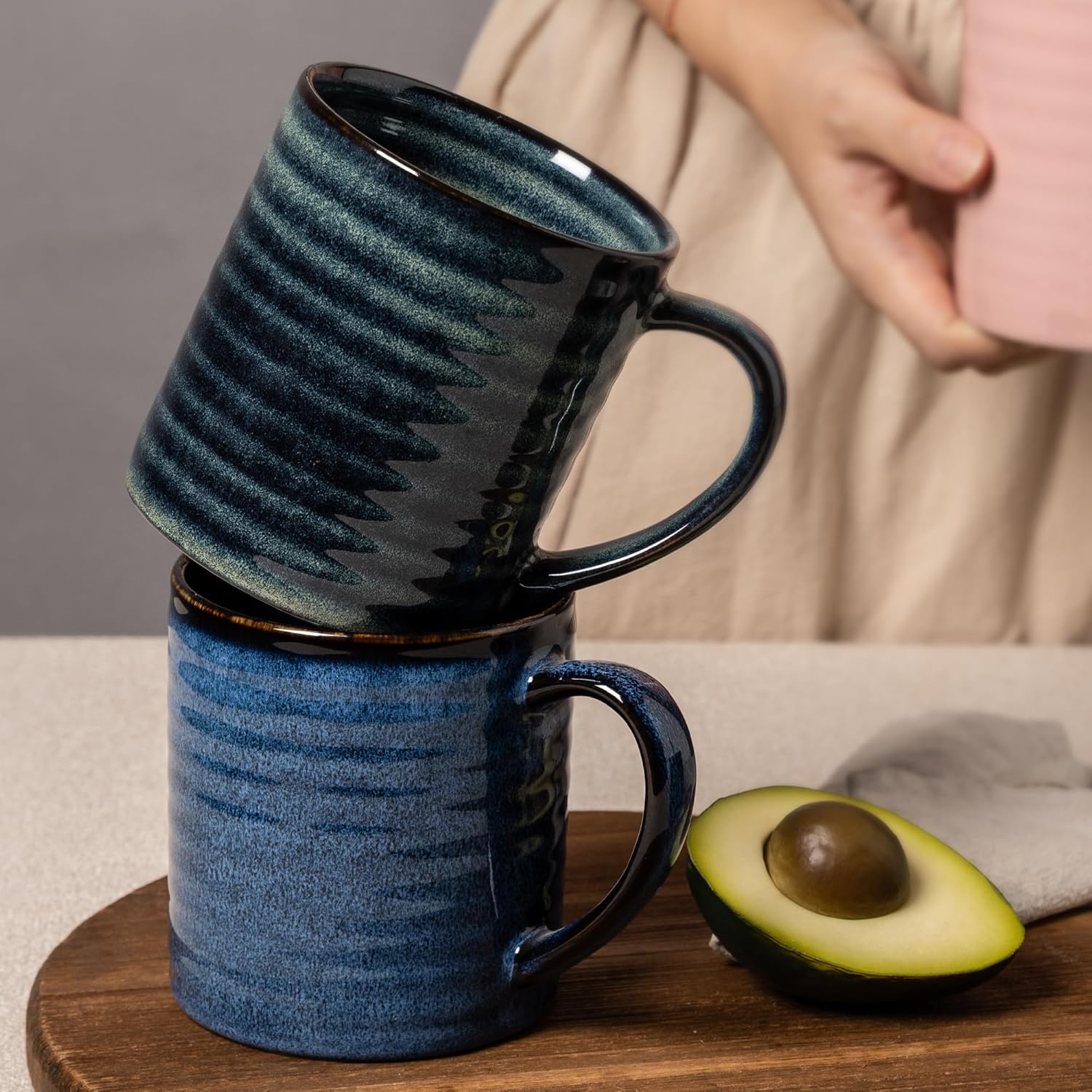 Ceramic Coffee mugs, 23 oz, Extra Large Mugs, Big Tea Cup, Large Handle, Pottery Mug, Big Belly, Transmutation Glaze,Wide Bottom, stripe pattern, Microwave & Dishwasher Safe. (Dark Green) - Image 5