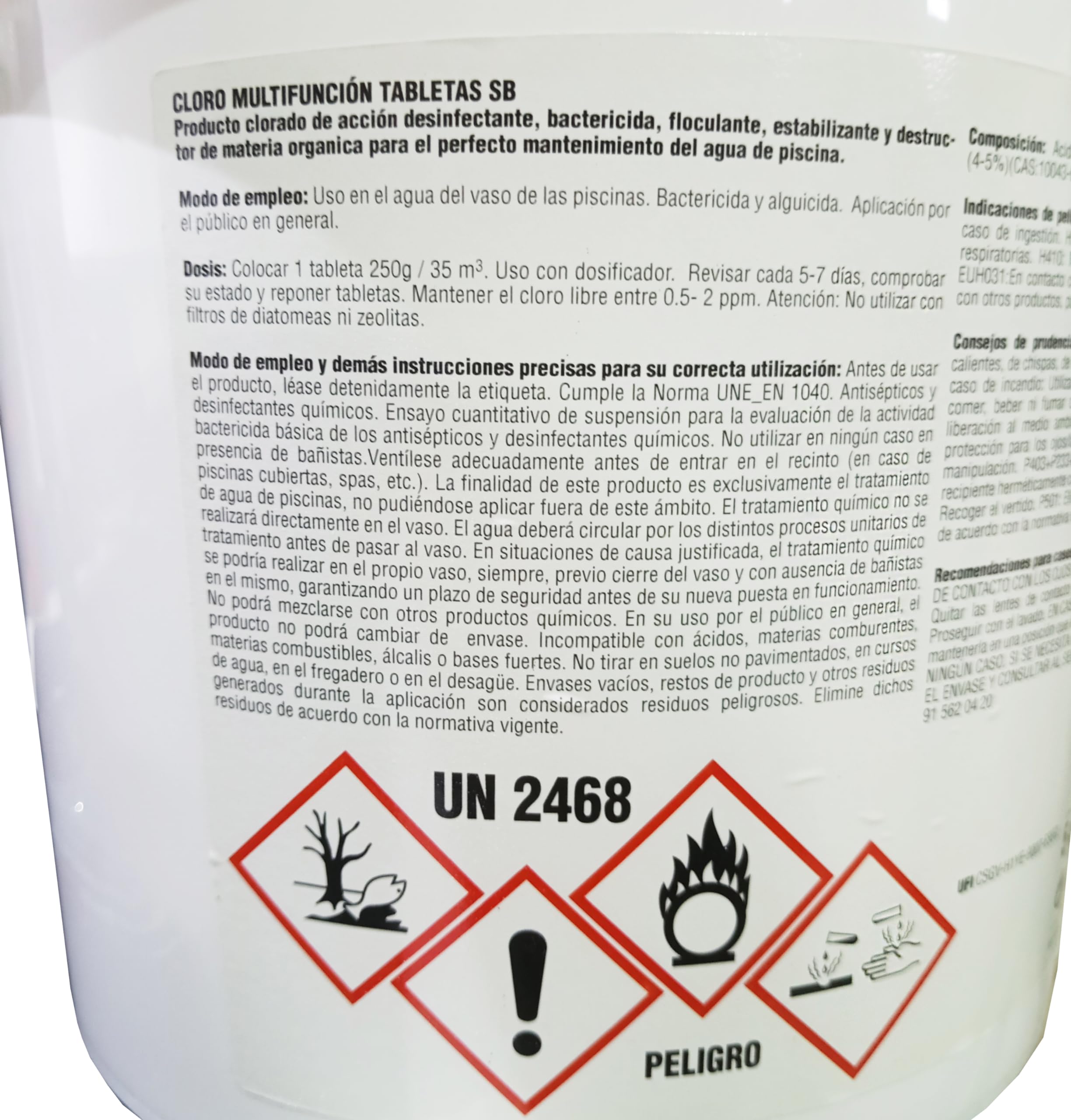 Ecogene Cloro Multifunción sin Cobre Especial Piscinas Liner y poliéster. Tabletas SB 250g. Cubeta de 5kg