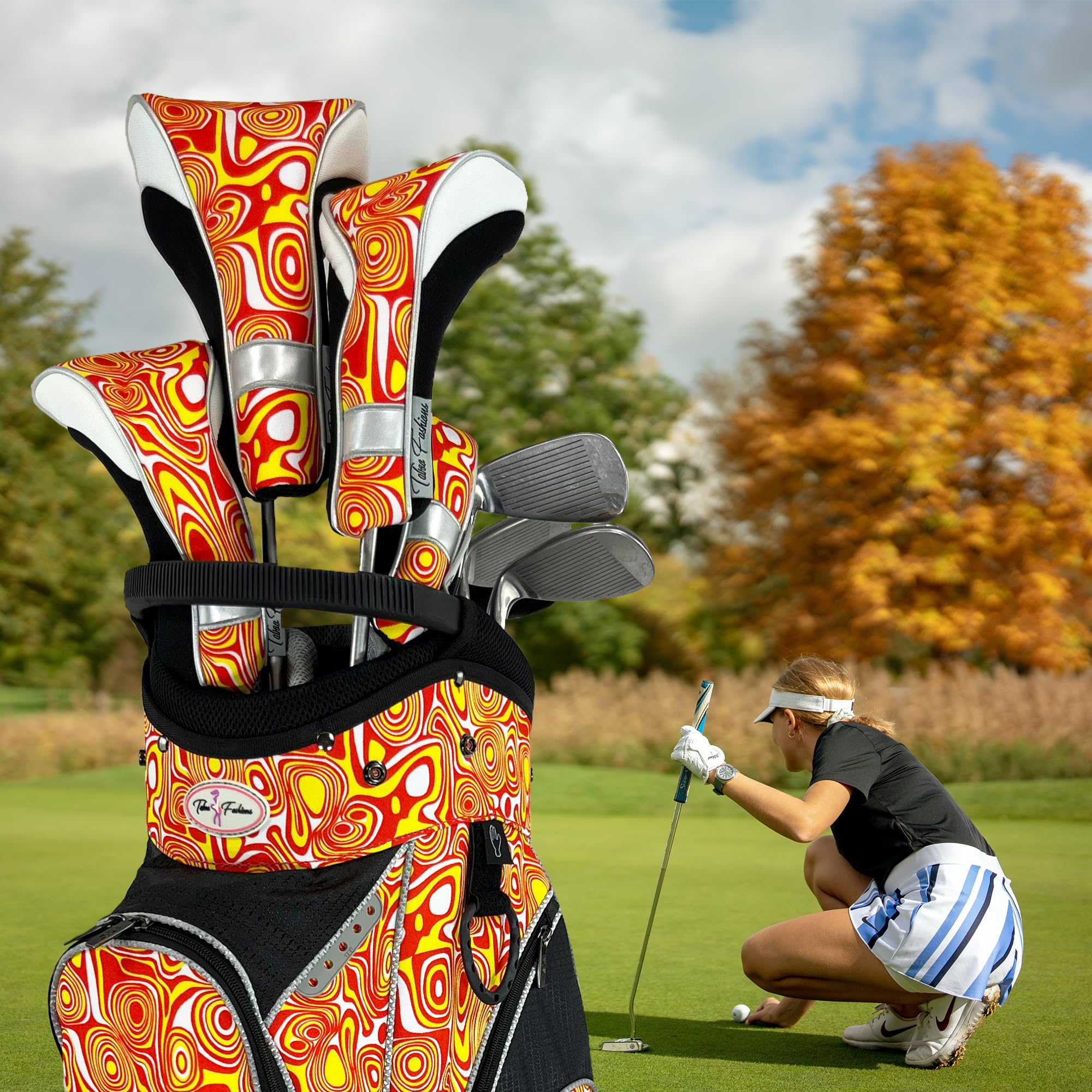 Womens Designer Golf Club Covers 4 Pack - Taboo Fashions Numbered Head Covers for Driver Woods & Hybrid - Weather/Moisture Resistant Protection (Colorful Patterns)