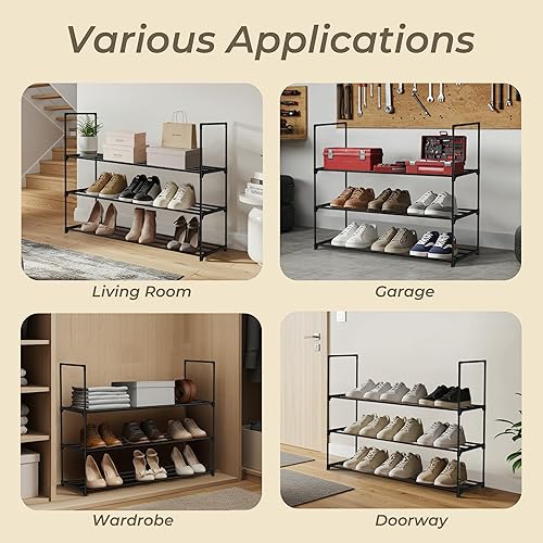 Miniatura 5 de Zapatero negro de 3 niveles, estante grande de 36 pulgadas con capacidad para 15 pares de zapatos, zapatero resistente para entrada, dormitorio,