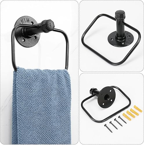 Miniatura 8 de Kit de 4 piezas de anillo de toalla de baño de tubería industrial, kit de accesorios de montaje en pared, incluye gancho para bata, toallero y