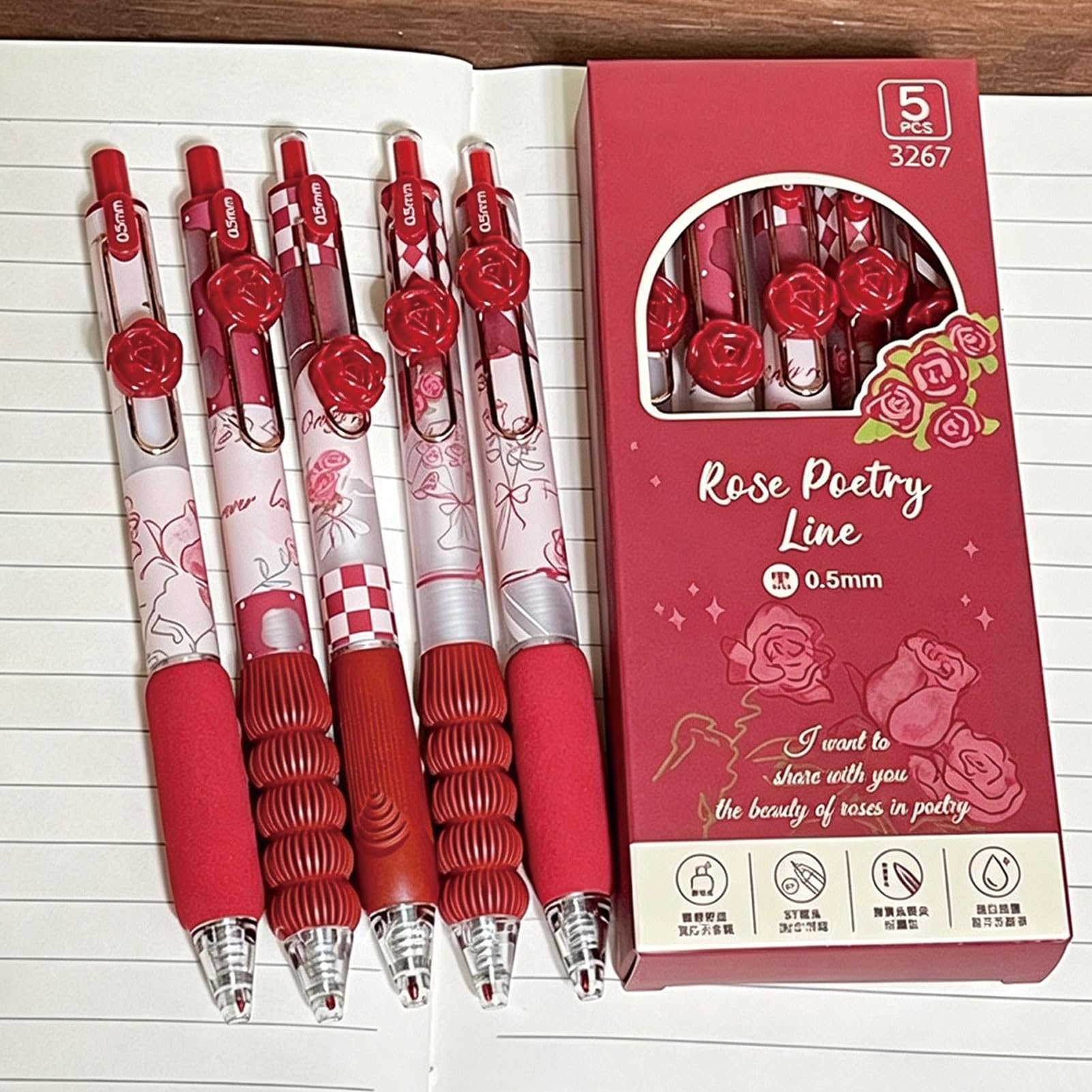 MOZXIRZ 5 penne a inchiostro gel retrattili, graziose penne estetiche a forma di fiore, 0,5 mm, penne a inchiostro nero, penne per scrittura per donne e ragazze, penne per ufficio e scuola (rosso)