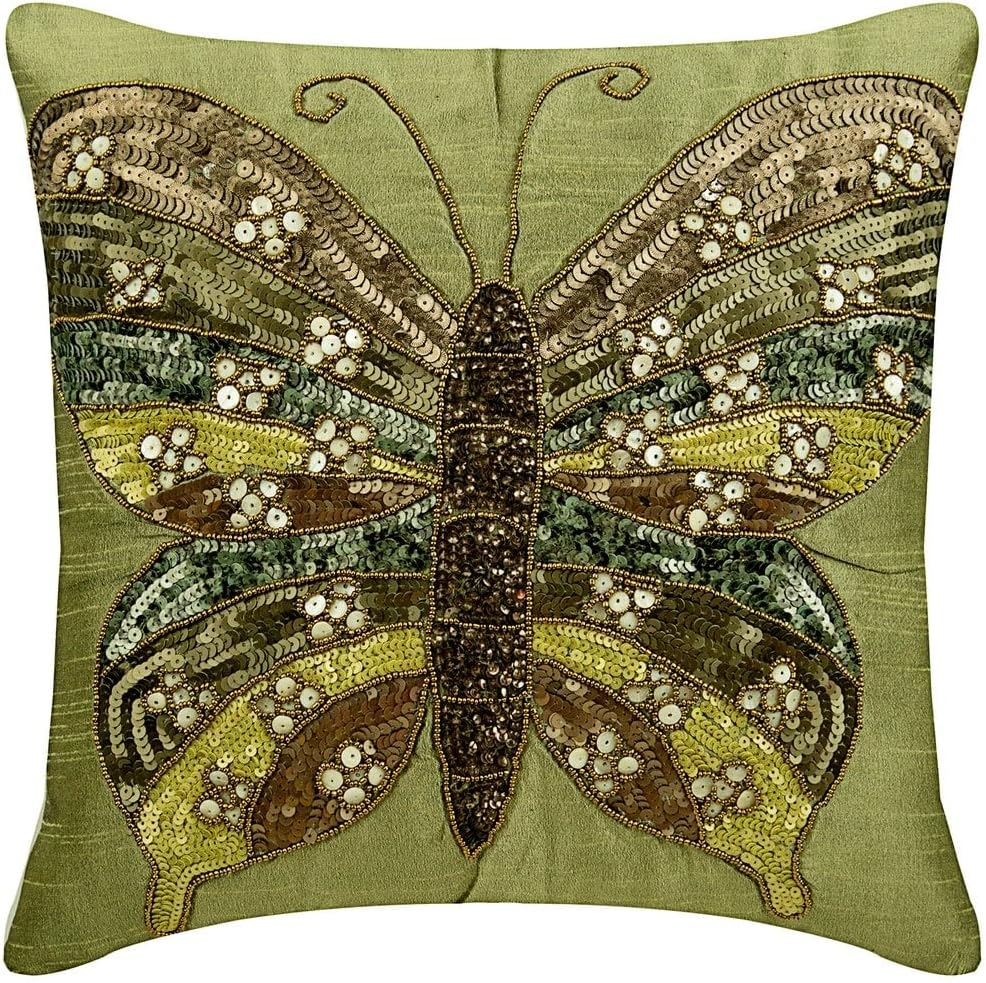 The HomeCentric Pillow Cover 18x18 inch (45x45 cm) Green, Handmade Olive Green Pillow Cases, Butterfly Theme Sequins and Beaded Pillows Cover, Square Silk Pillow Cover, Floral, Modern - Butterfly Envy