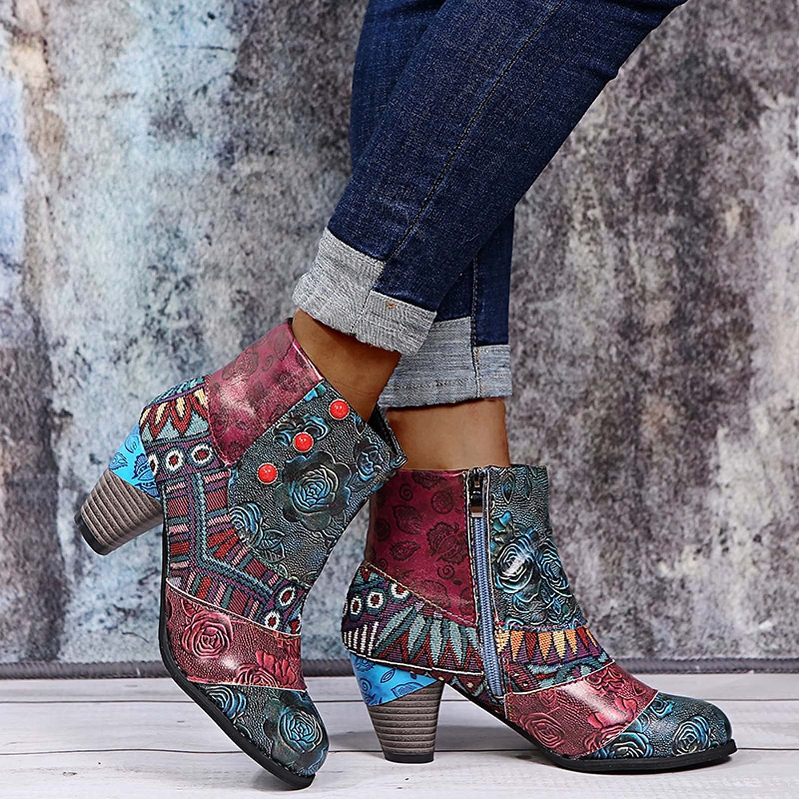 Bottes western pour femme - Vintage - En cuir - Fleurs - Bottes courtes - Bottes de motard - Bottes de cowboy - Bottines d'équitation - Bottines de cowboy - Bottines de travail à enfiler