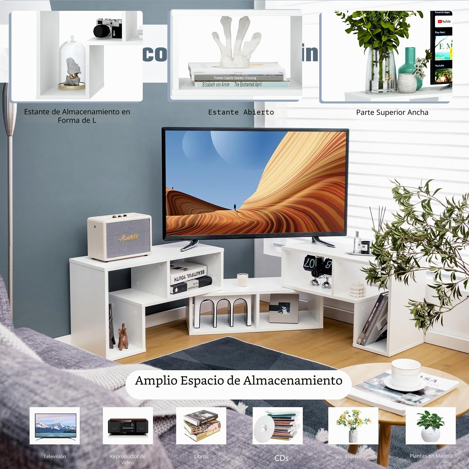 KOMFOTTEU Mueble TV Salón Combinable con 3 Piezas, Mueble Bajo para Televisión de hasta 65 Pulgadas, Armario de Televisor Multifuncional con Estantes Abiertos, Cómoda para TV (White)