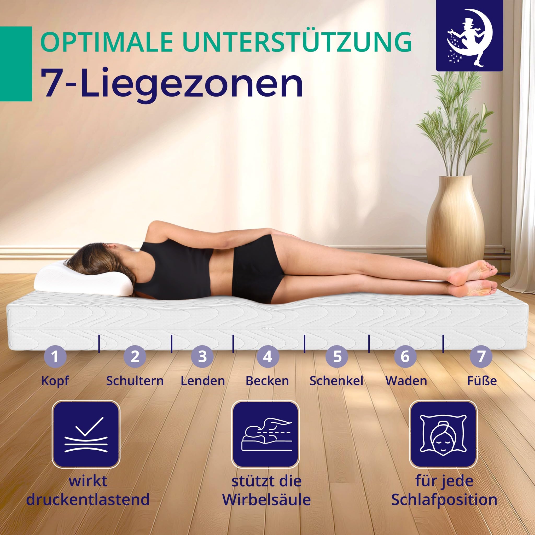 Mister Sandman Matratze 90x200 cm – 7-Zonen-Taschenfederkernmatratze mit Kaltschaumschicht – Härtegrad H2 H3 – Federkernmatratze – Höhe 18 cm