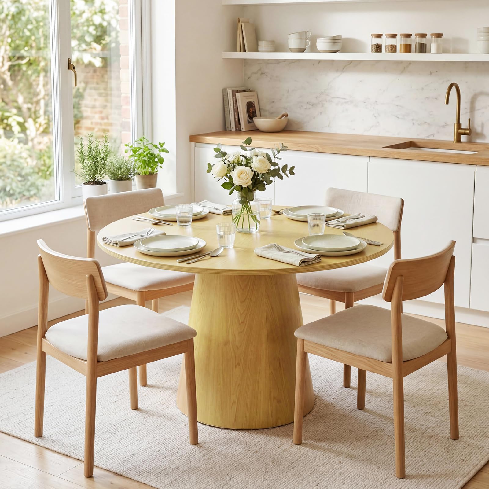 GarveeHome 110 cm Round Dining Table for 4 – Modern Wooden Kitchen Table with Sturdy Pedestal Base, Space-Saving for Small Rooms & Flats, Easy to Assemble