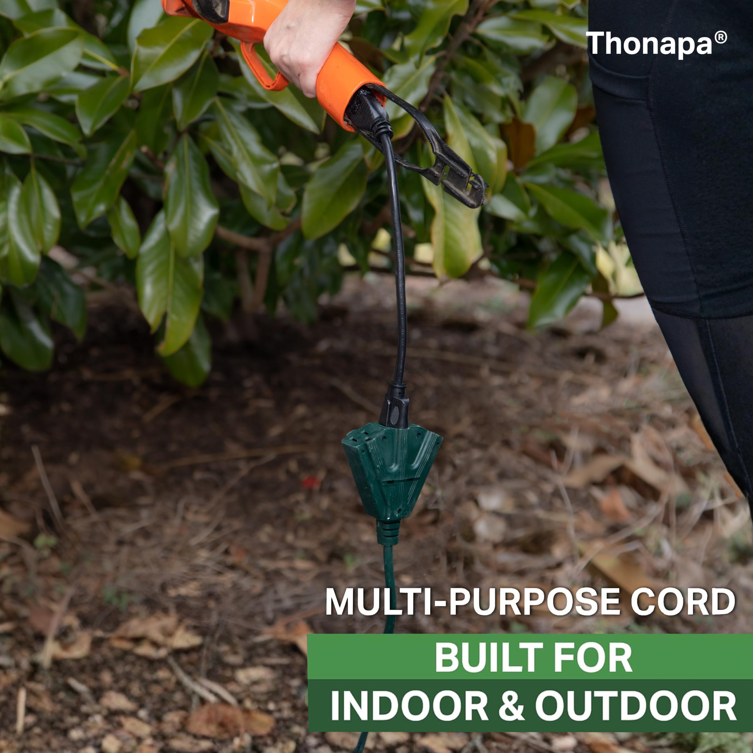 Thonapa - Cable de extensión verde resistente a la intemperie de 20 pies, 3 tomacorrientes, 16/3 SJTW para exteriores con múltiples tomacorrientes de 20 pies, cable eléctrico exterior de 13 amperios,