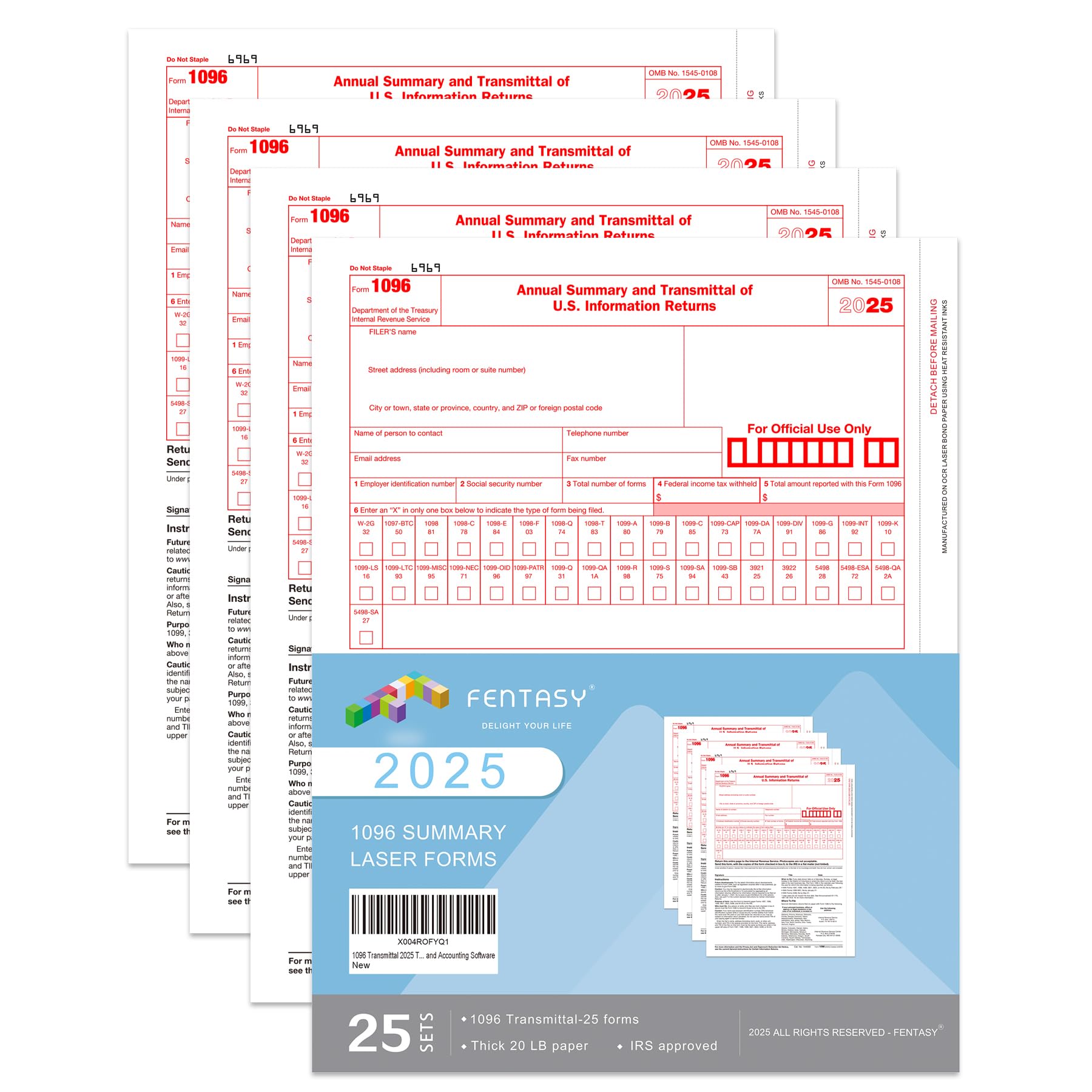 1096 Transmittal 2025 Tax Forms, 25 Pack of 1096 Summary Laser Forms Designed for Quick Books and Accounting Software