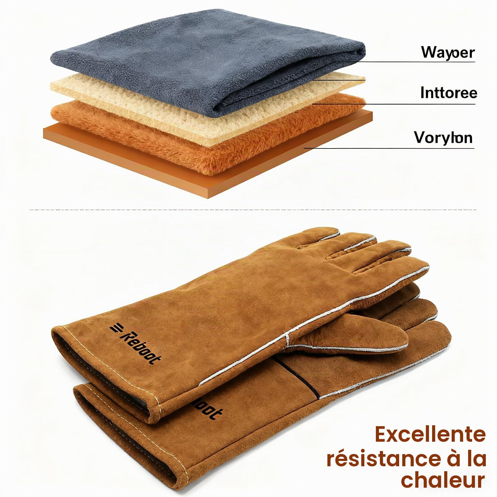 Reboot Gants de Soudage Résistants à la Chaleur Anti-Feu - Pour Brûleurs à Bois, Cuir Fendu de Vache, Gréeur, Barbecue, Four à Bois - 16"