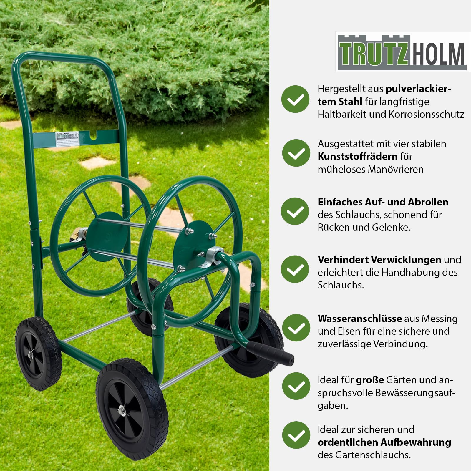 TRUTZHOLM Schlauchwagen Basic 4 Räder 95,5 x 58 cm Stahl, für 50 m Gartenschlauch 3/4" Anschluß grün
