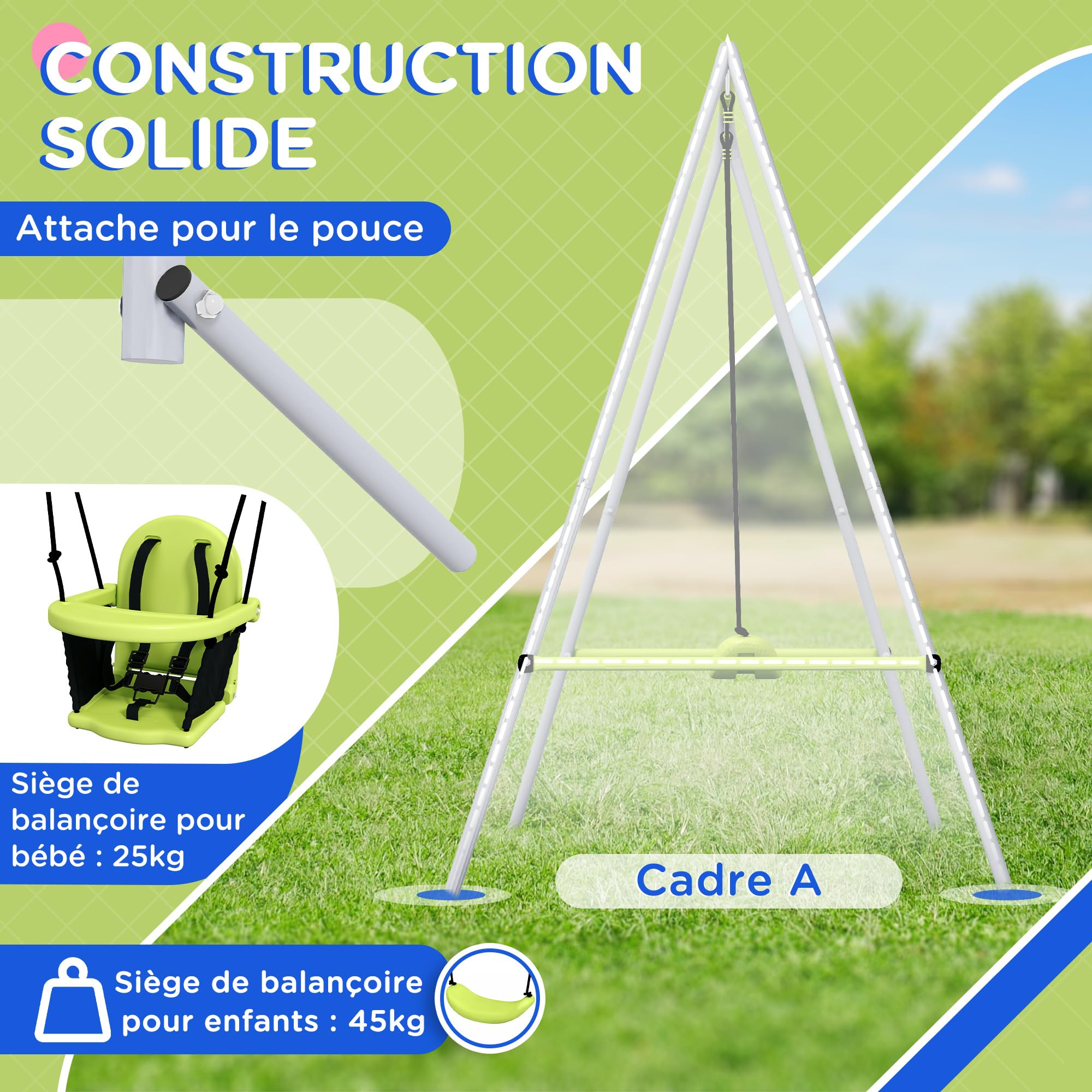 Outsunny Balançoire Portique pour Enfant 2 en 1 IntérieureEextérieure Vert | Ceinture De Sécurité À 5 Points, Facile À Assembler Et À Ranger