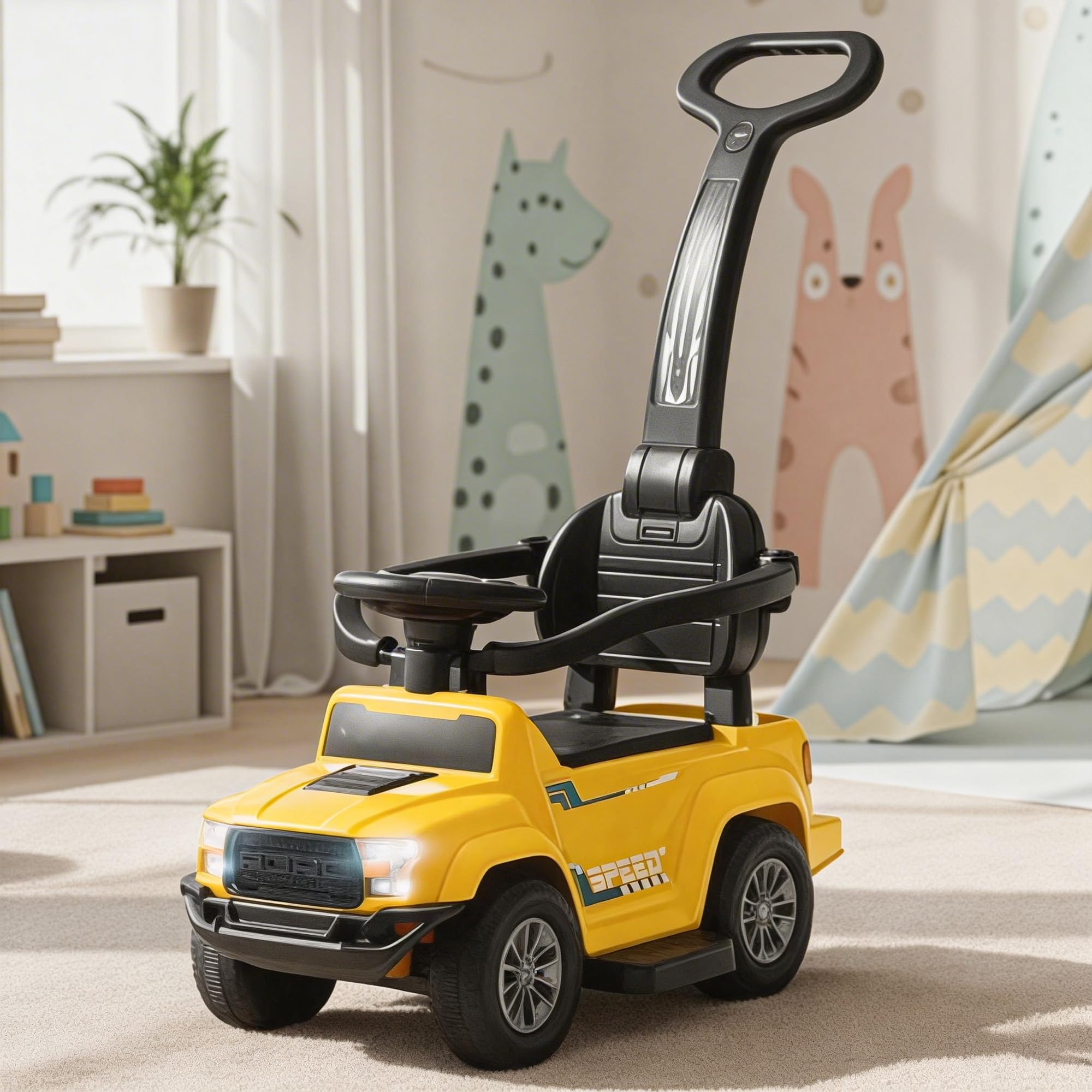 Baybee Roady Pro Ride on Car for Kids | Baby Push Ride on Jeep with Parental Handle & Safety Guardrail | Rideons Toy Car with Backrest, Light & Music | Baby Ride on Cars for Kids 1-3 Years (Yellow)