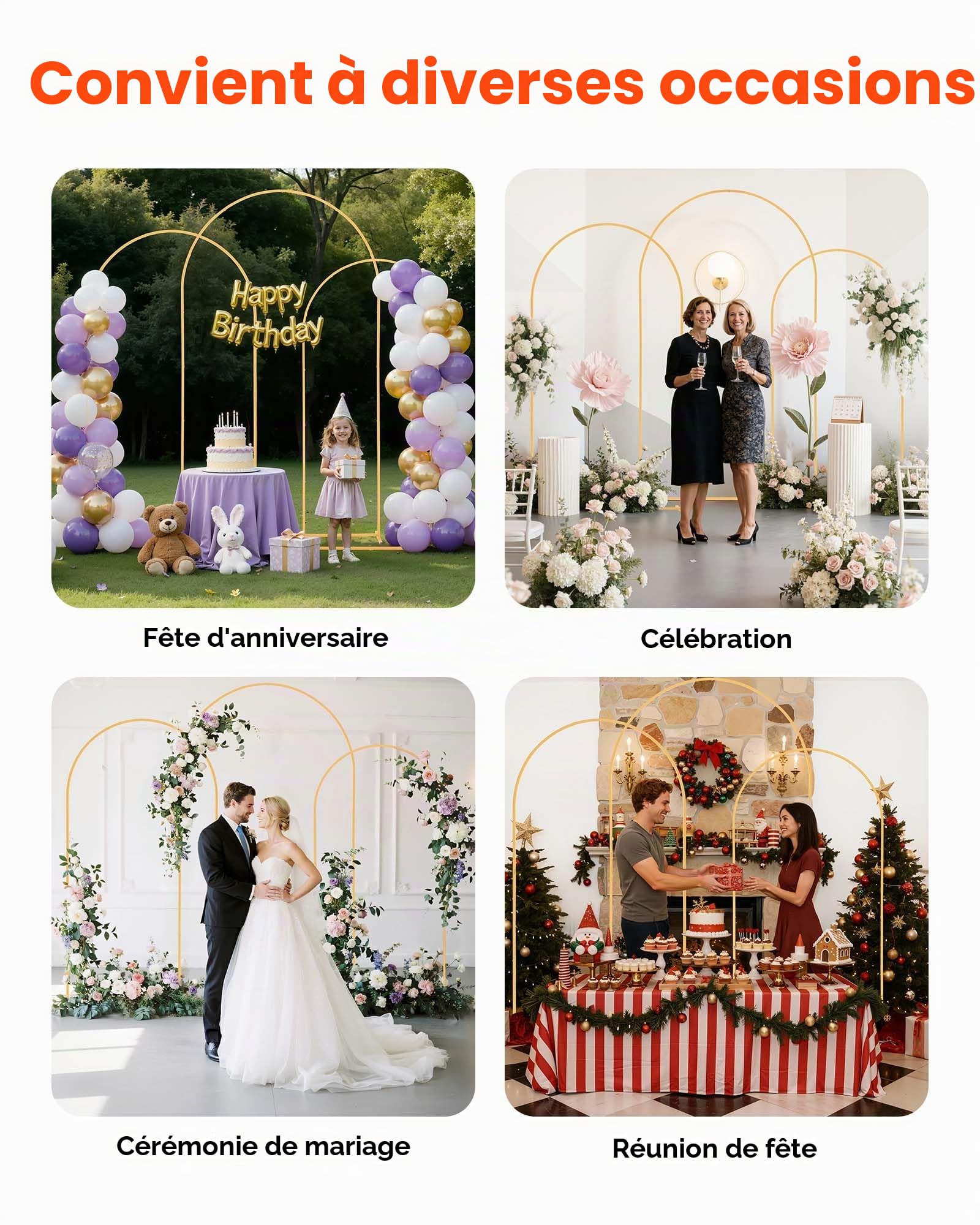 VEVOR Arche de Mariage Lot de 3 Support de Fond Arche 2,4 m 2,2 m 2 m pour Décoration de Mariage, Anniversaires, Remises de Diplômes, Fêtes, Cérémonies, Célébrations, Structure Stable en Métal, Doré