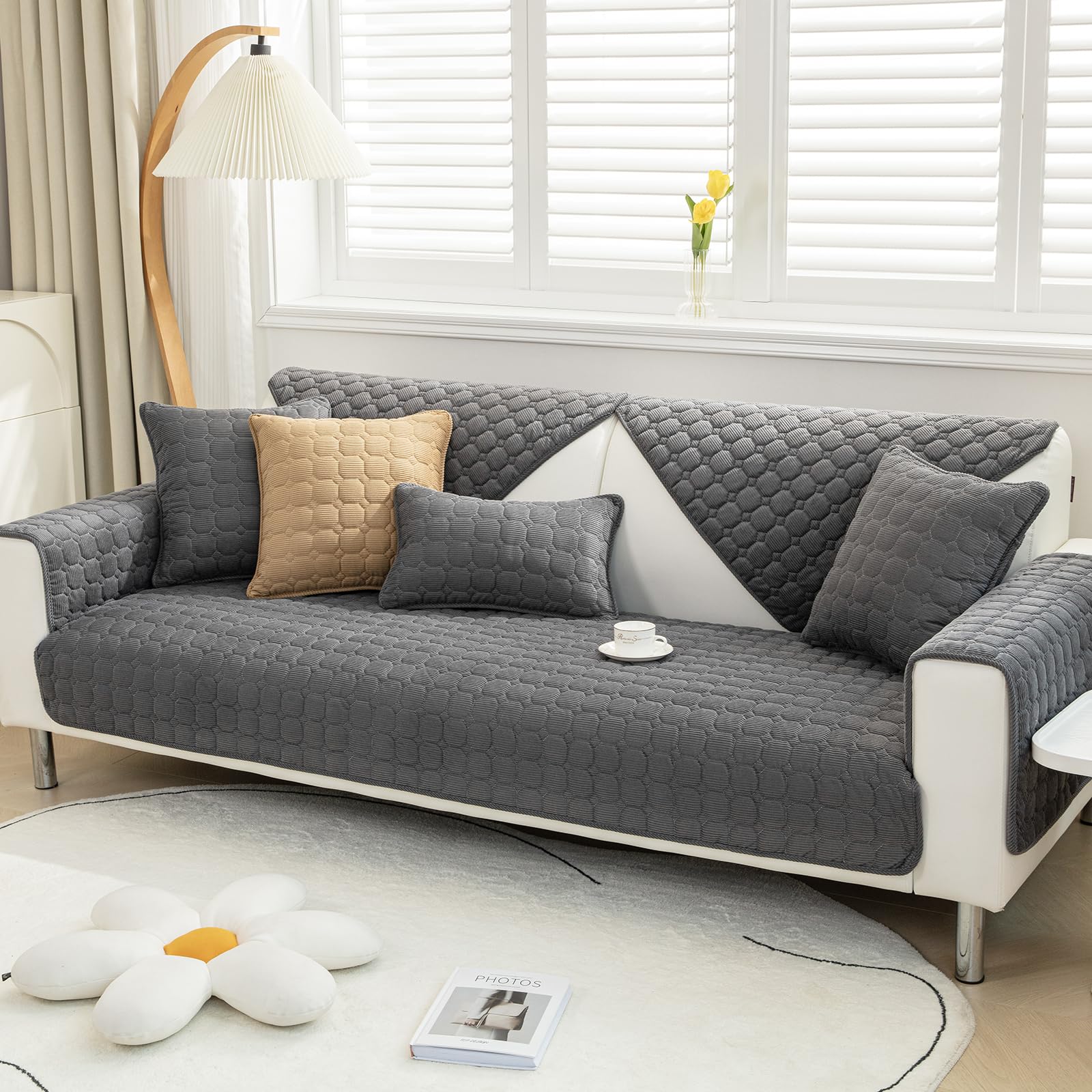 Thick Sofa Cover 1 2 3 Seater Couch Cover, Universal Non-Slip Corner Sofa Cover L Shape Soft Corduroy Sofa Slipcovers, Furniture Protector for Living Room(Dark Grey, 70x70cm Seater Cover 1 PCS SOLD)